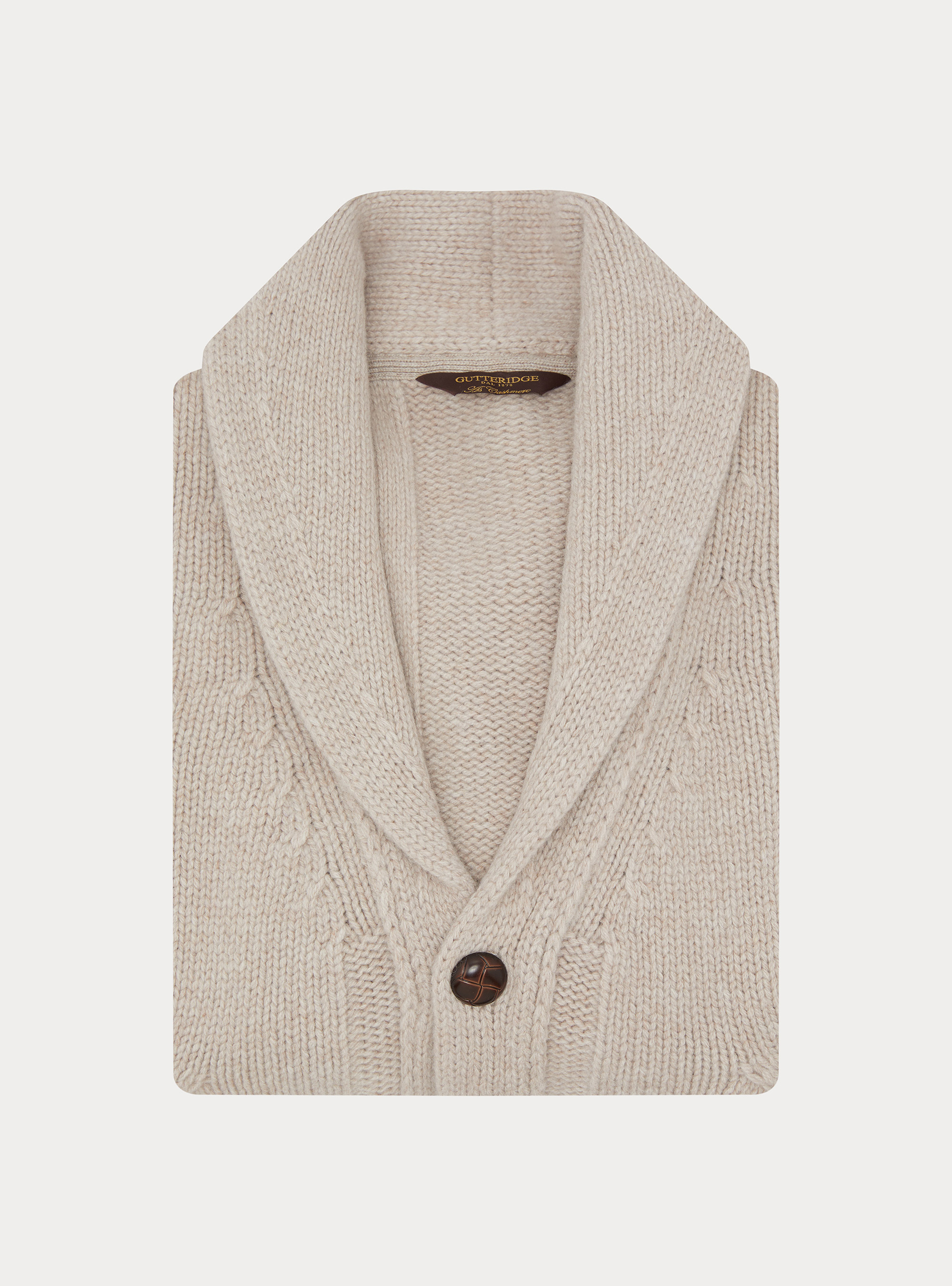 Cardigan sciallato con treccia in lana lambswool e cashmere, ECRU