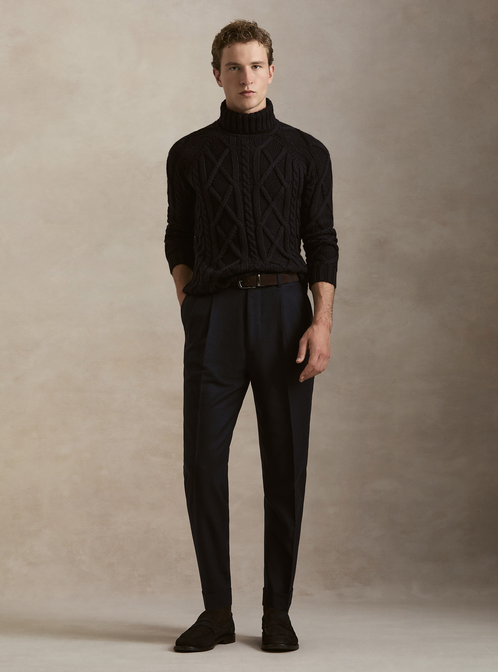 Pantaloni con pince in misto lana leggera, NAVY