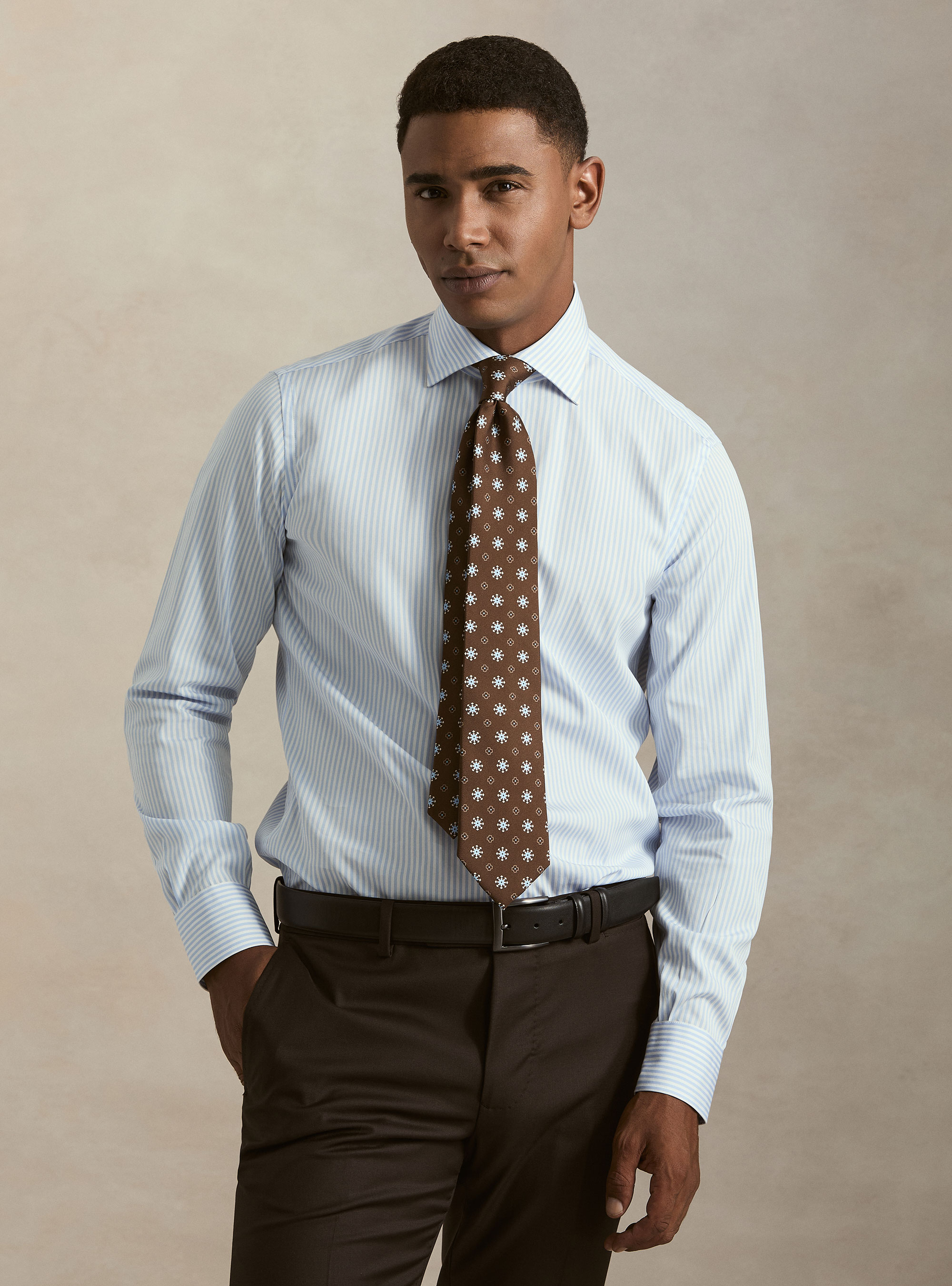 Camicia rigata in cotone popeline, AZZURRO