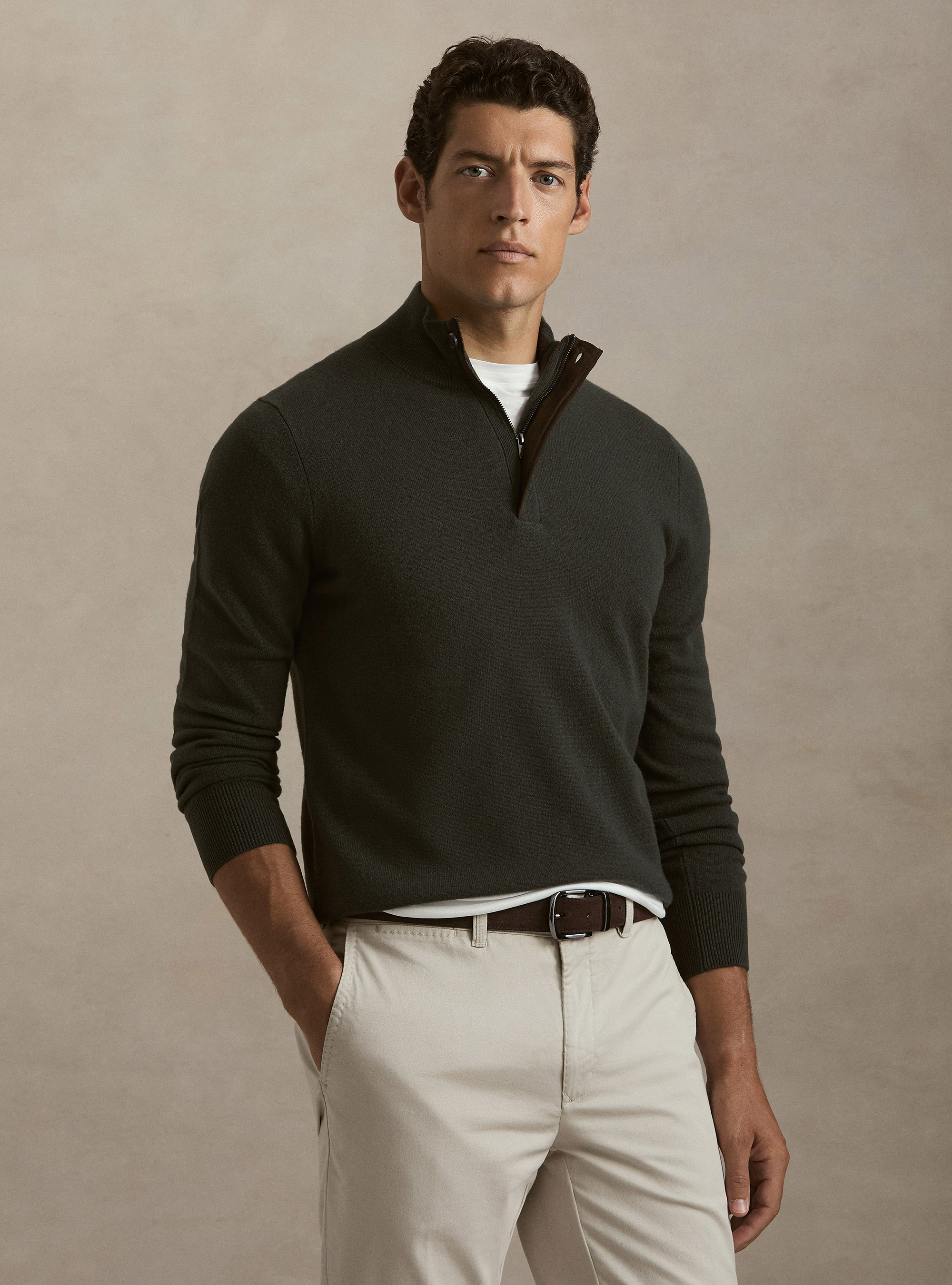 Maglia mezza zip in lana lambswool e cashmere, MILITARE 0609C