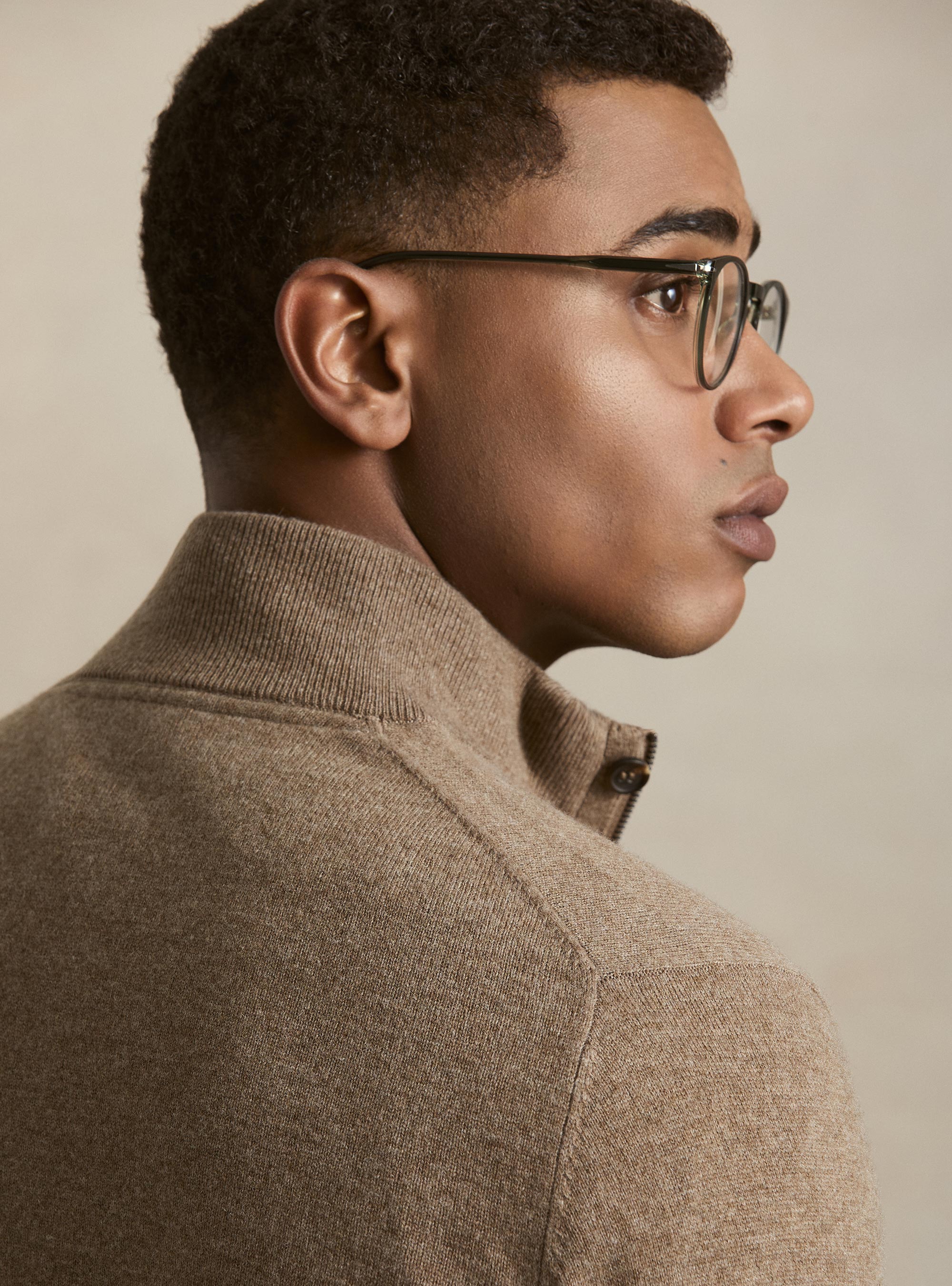 Maglia mezza zip in lana lambswool e cashmere, FANGO