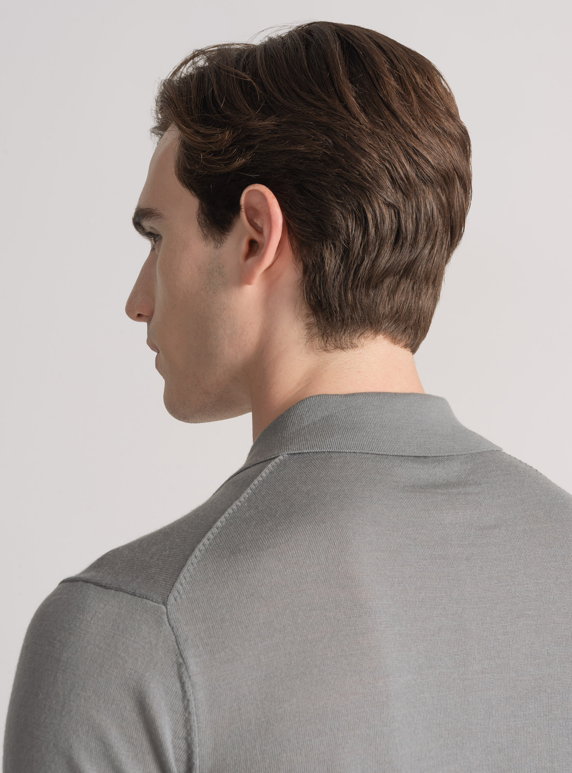 Polo camicia in maglia lana merino extrafine, GRIGIO CHIARO