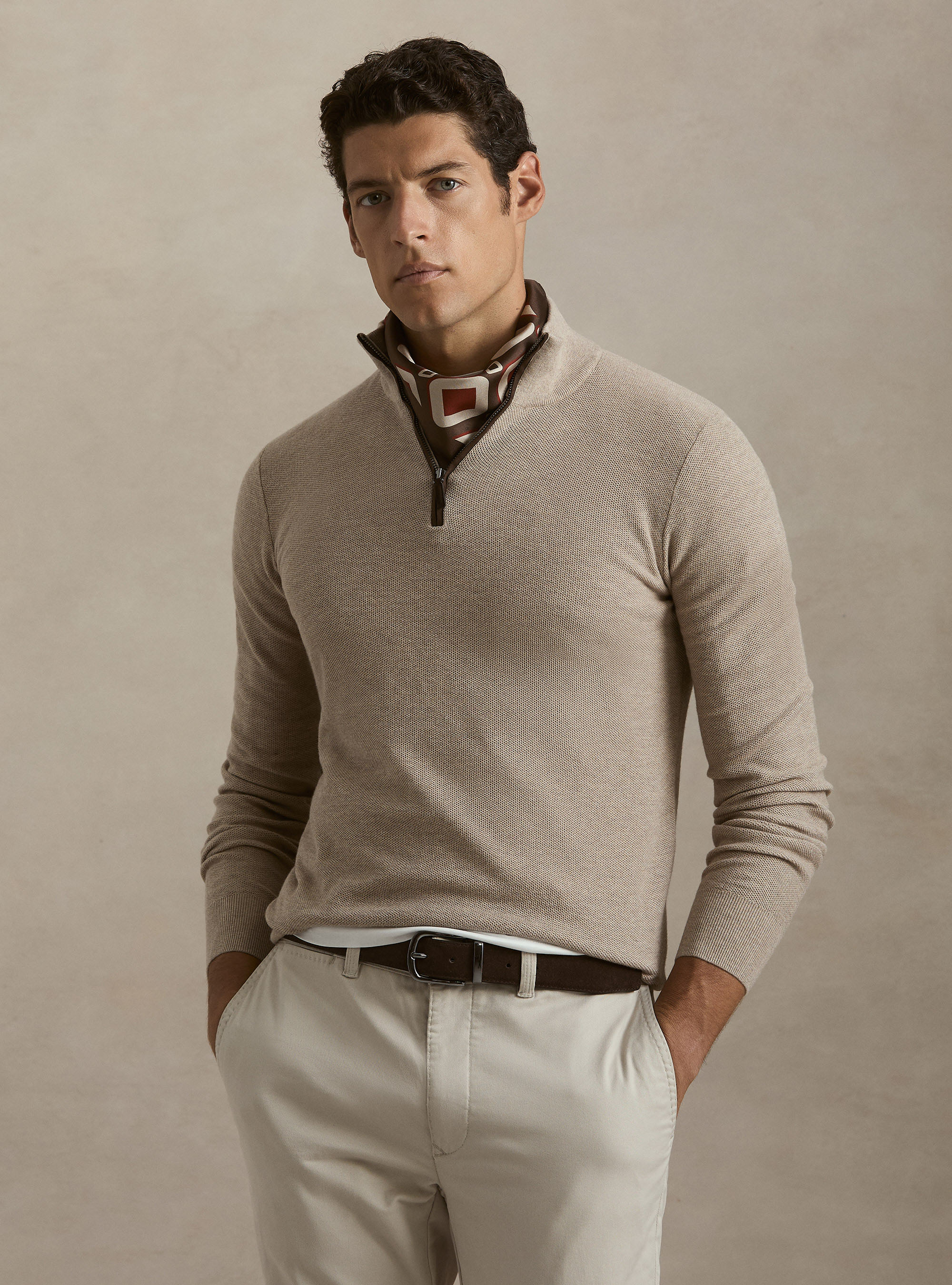Maglia con mezza zip in cotone cashmere nido d'ape, ECRU