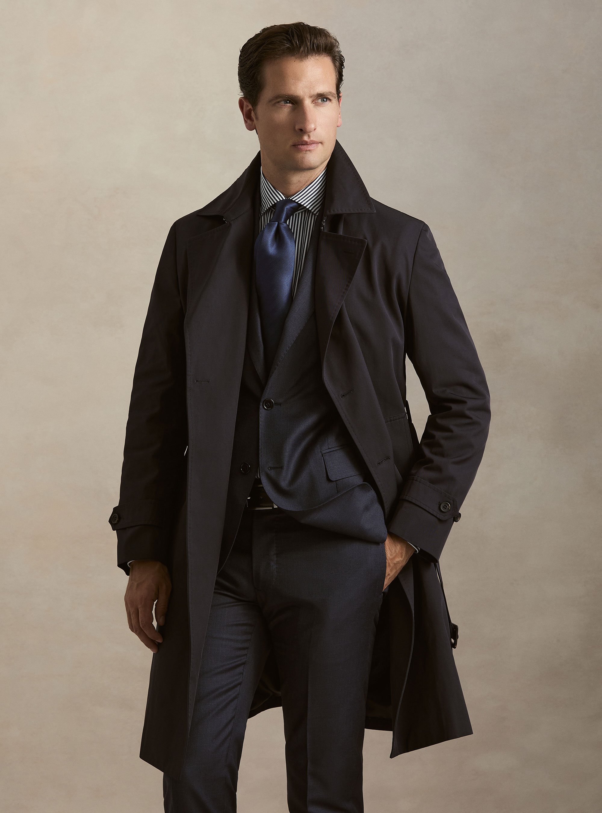 Trench doppiopetto in misto cotone, BLU NAVY