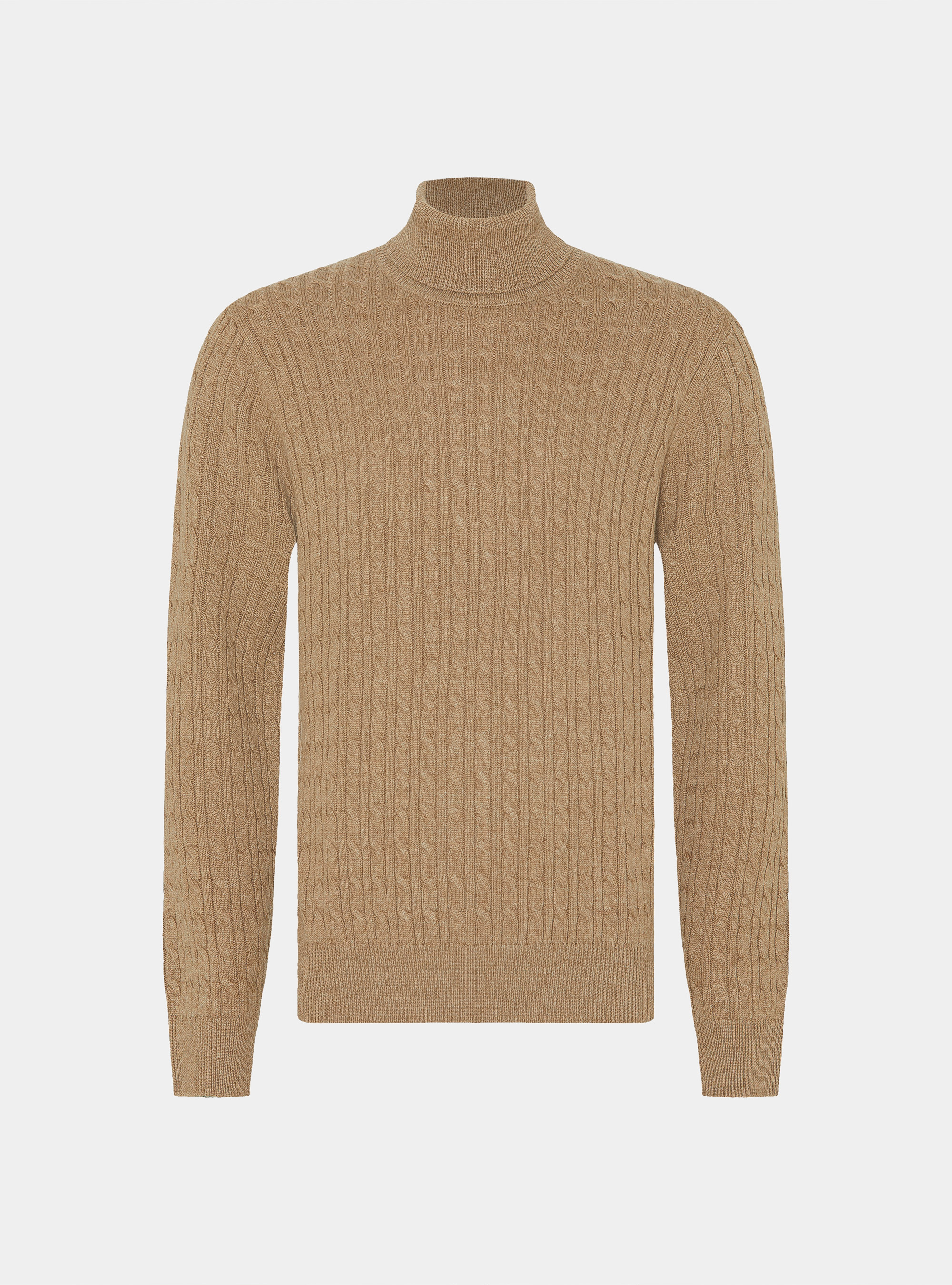 Maglia collo alto con treccia in misto lana, CAMMELLO 0570C