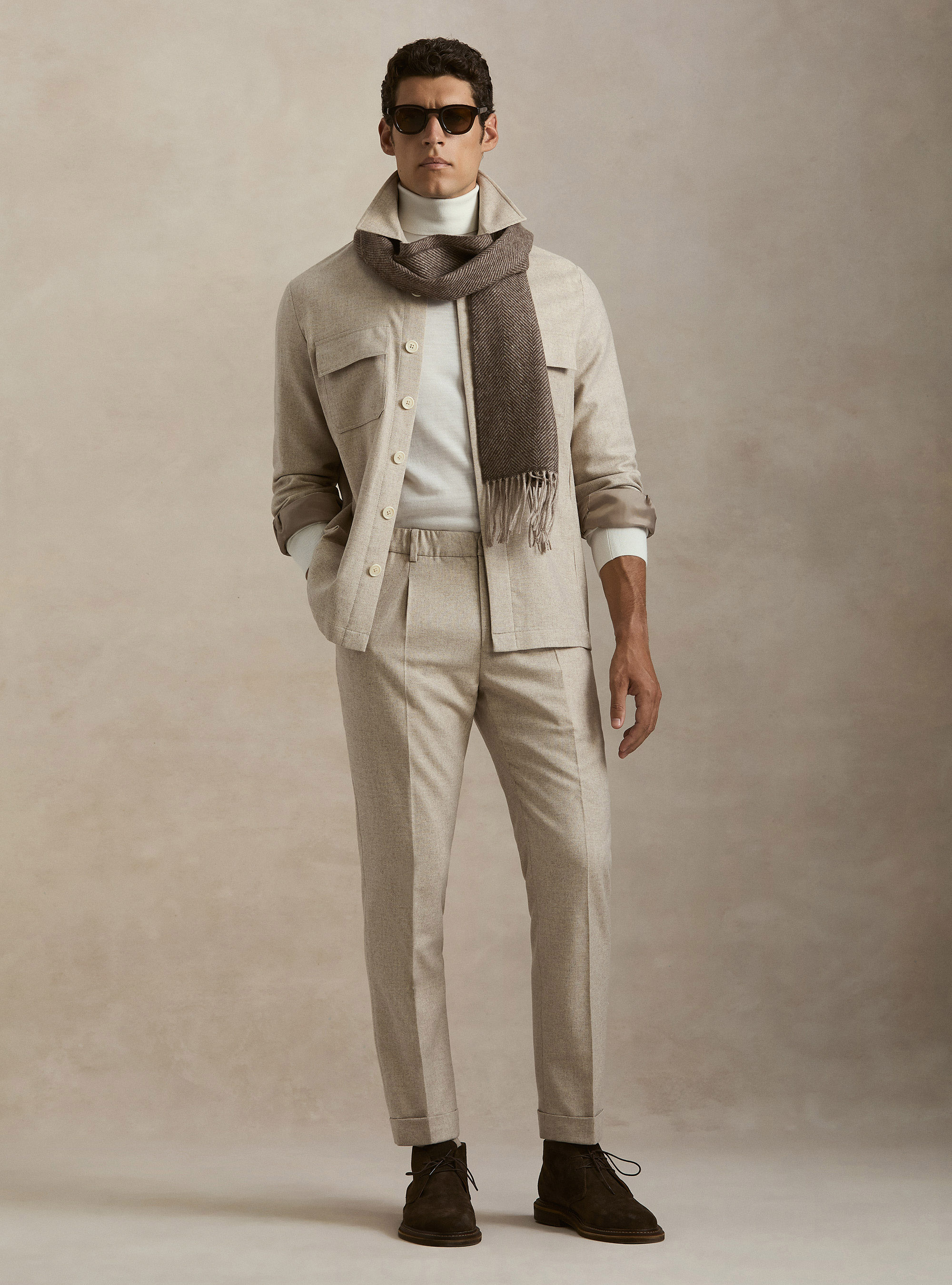 Pantaloni con coulisse in misto lana leggera, ECRU