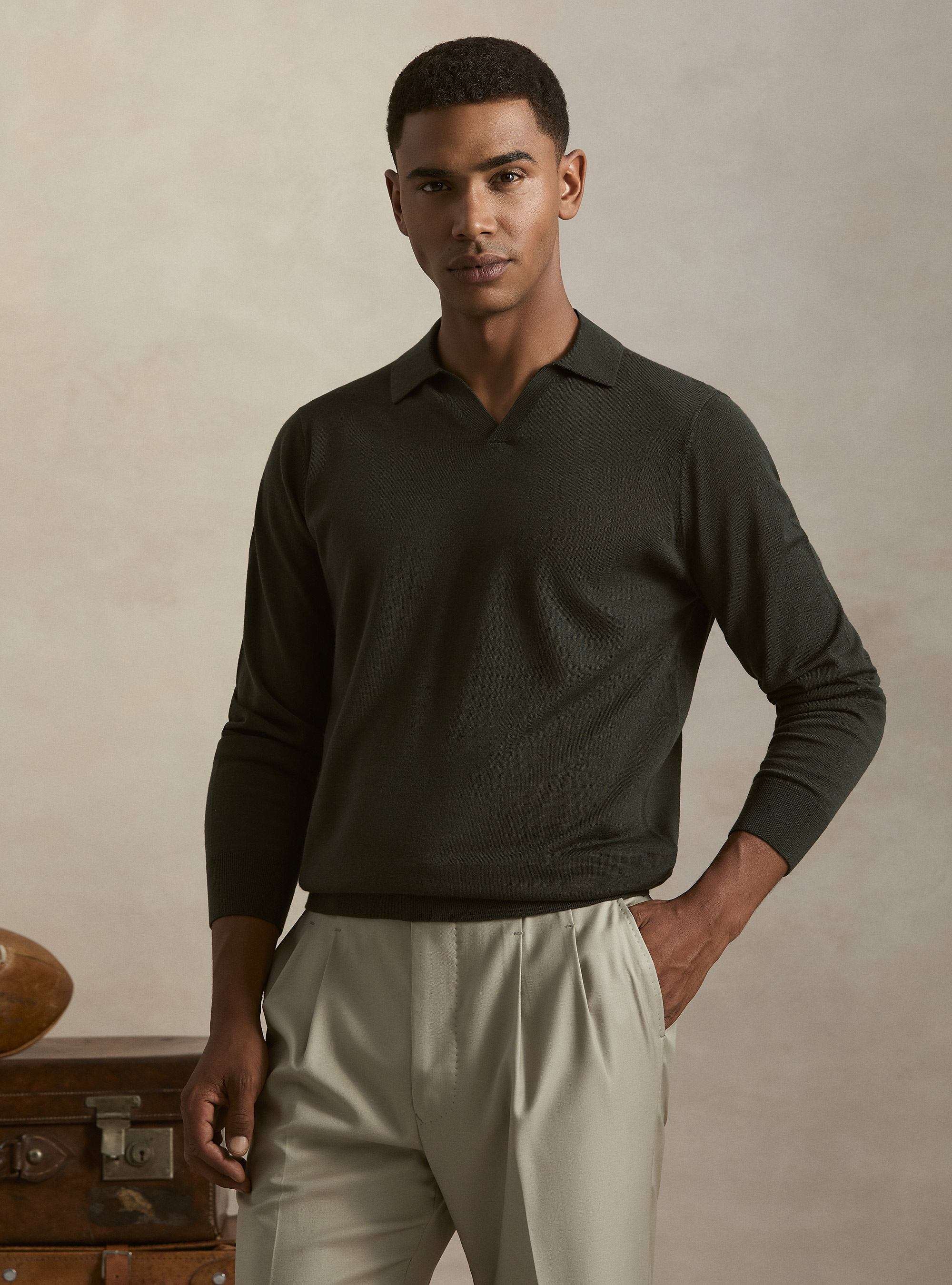 Polo collo senza bottoni in maglia lana merino, MILITARE 0609C