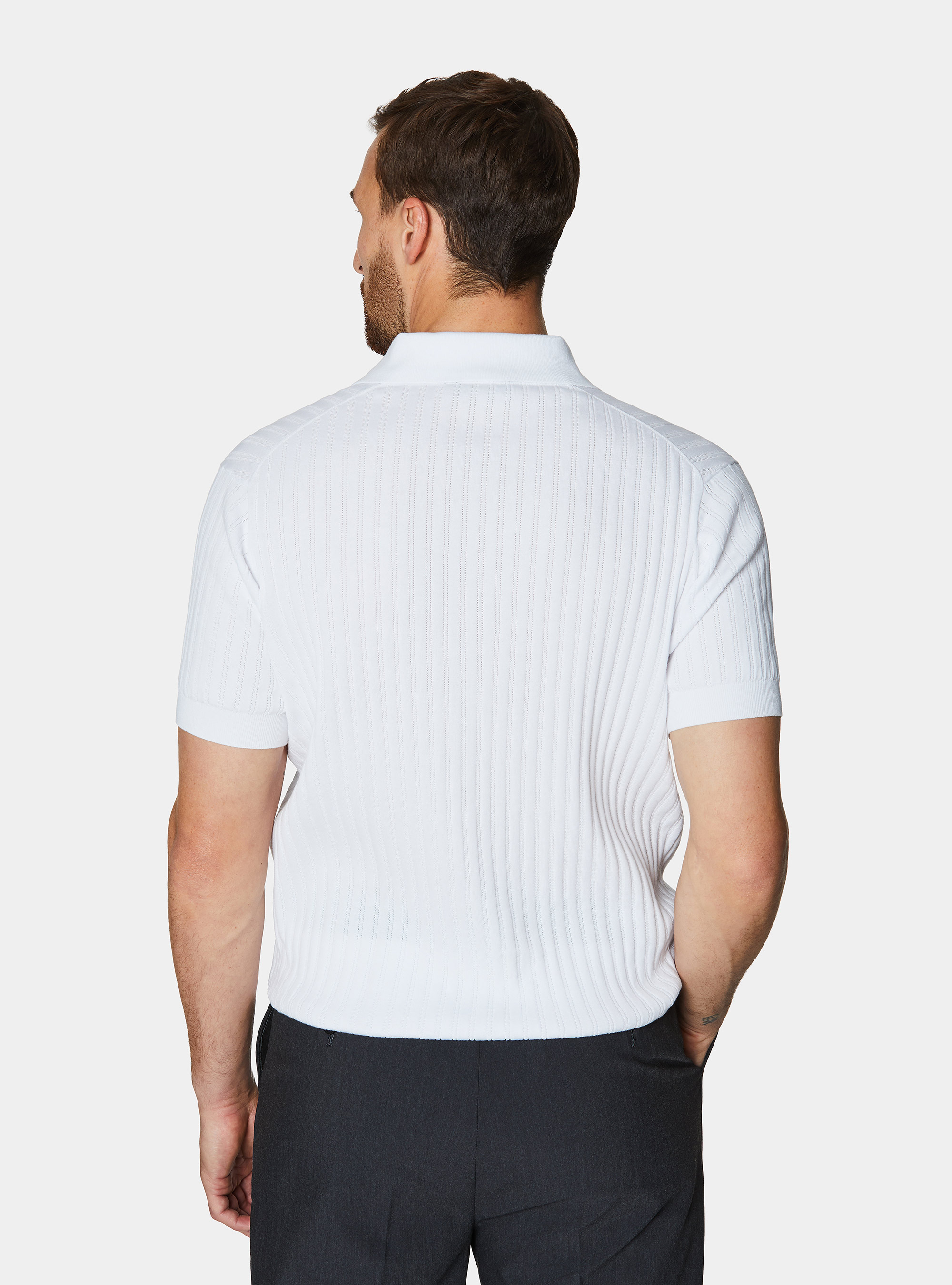 Polo in maglia in cotone extrafine a costa traforata, BIANCO