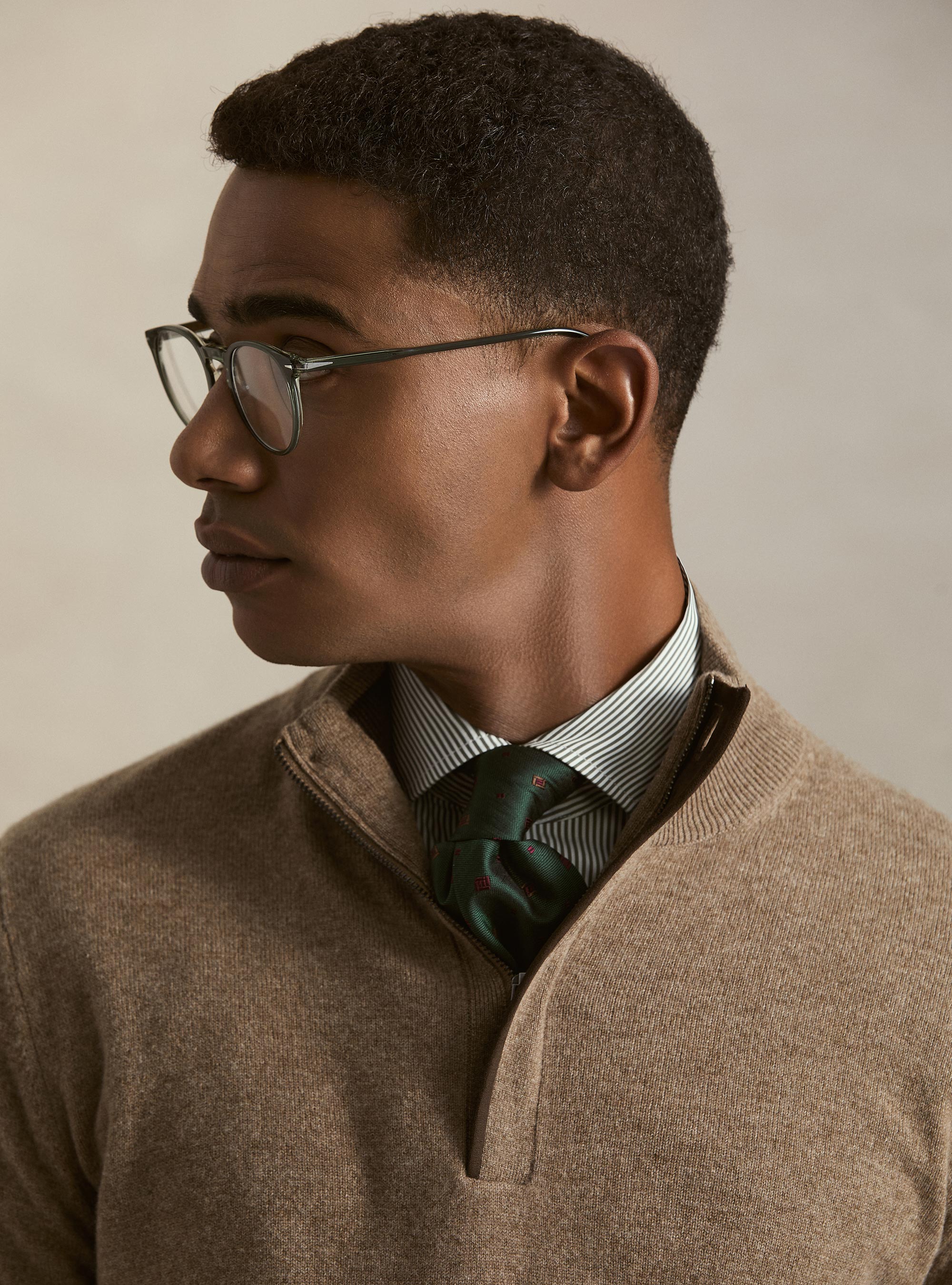 Maglia mezza zip in lana lambswool e cashmere, FANGO