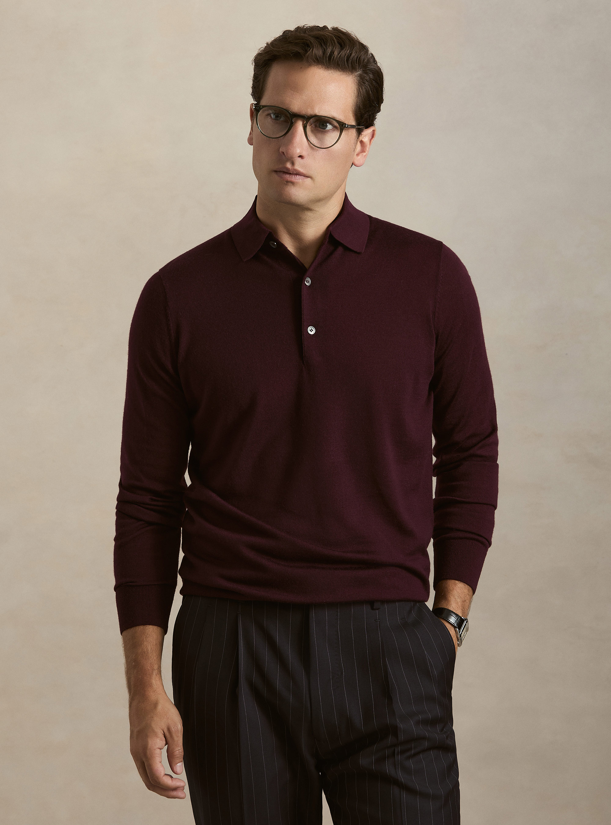 Polo in maglia in lana merino extrafine, BORDEAUX