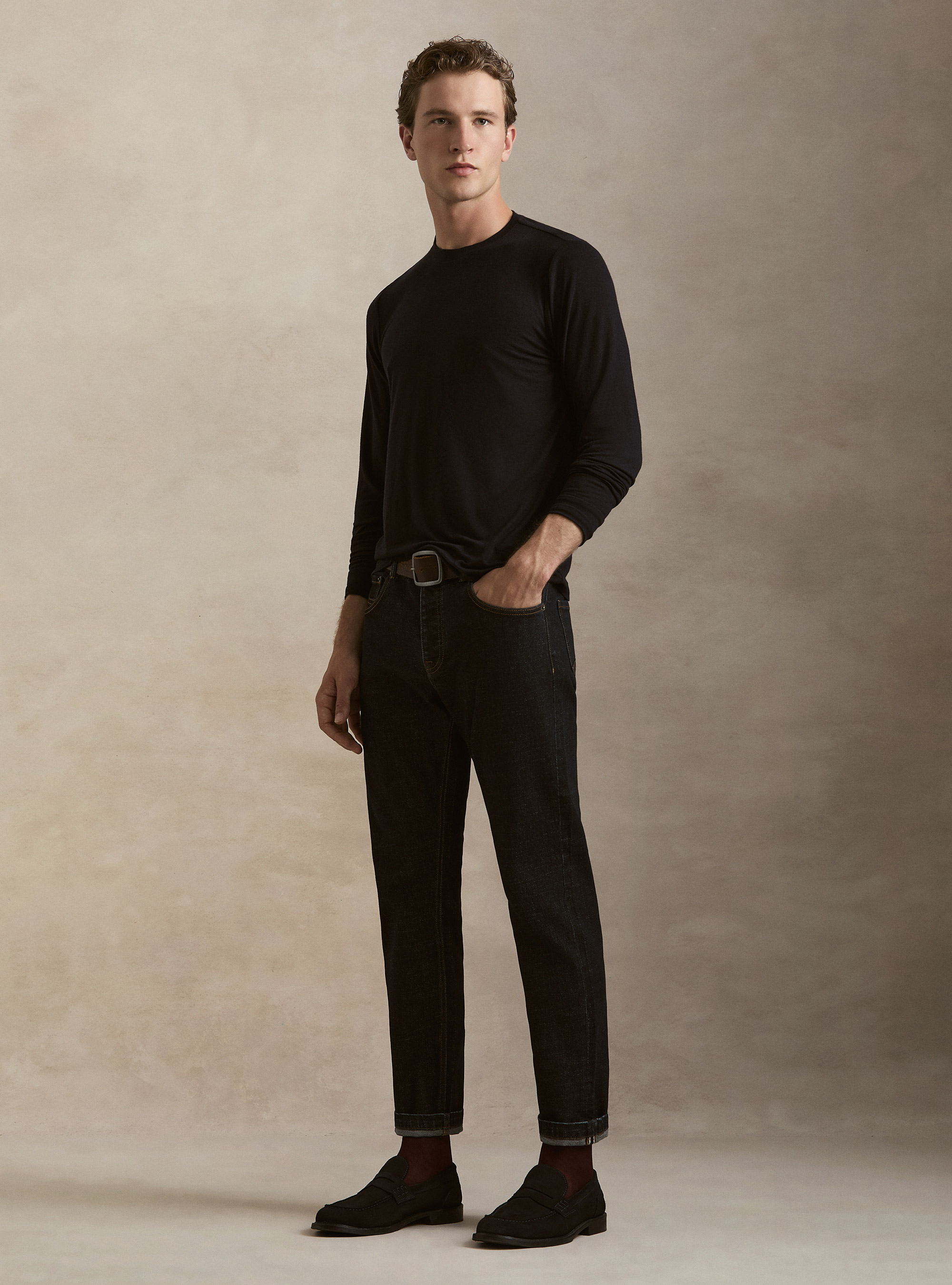 T-shirt manica lunga in misto cashmere, BLU NAVY