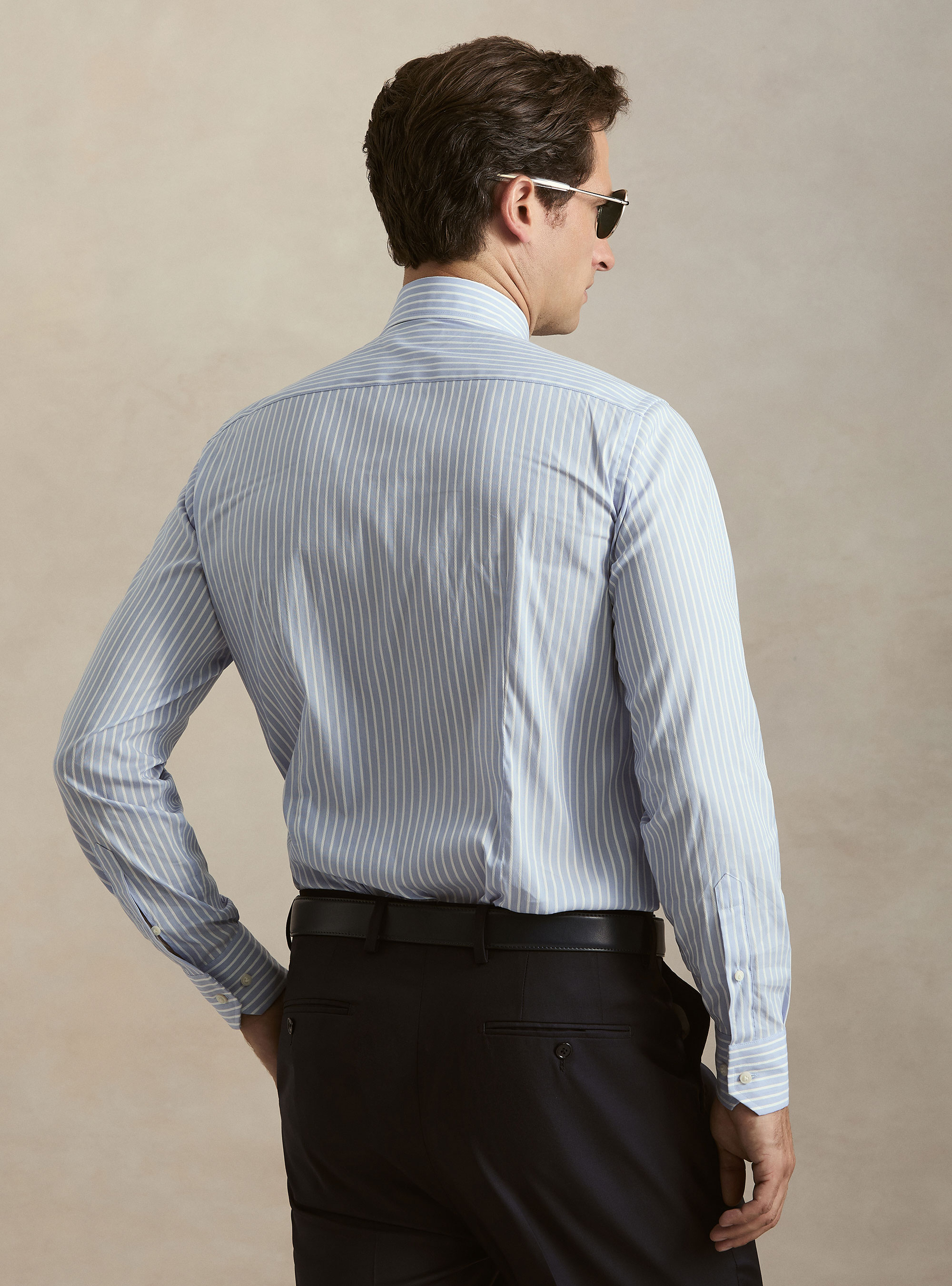 Camicia rigata in misto cotone, AZZURRO