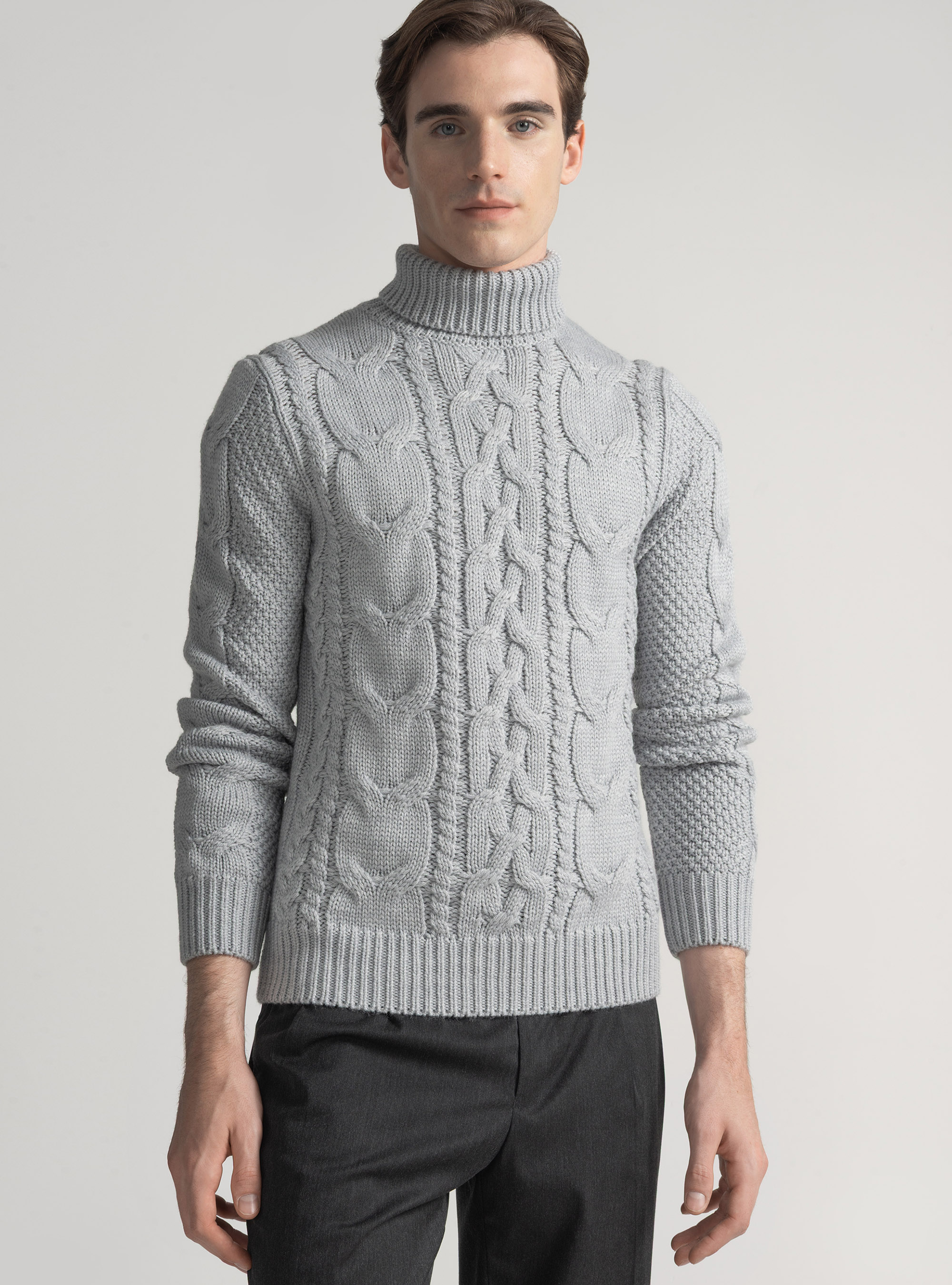 Maglia collo alto con treccione in misto lana, GRIGIO CHIARO MELANGE