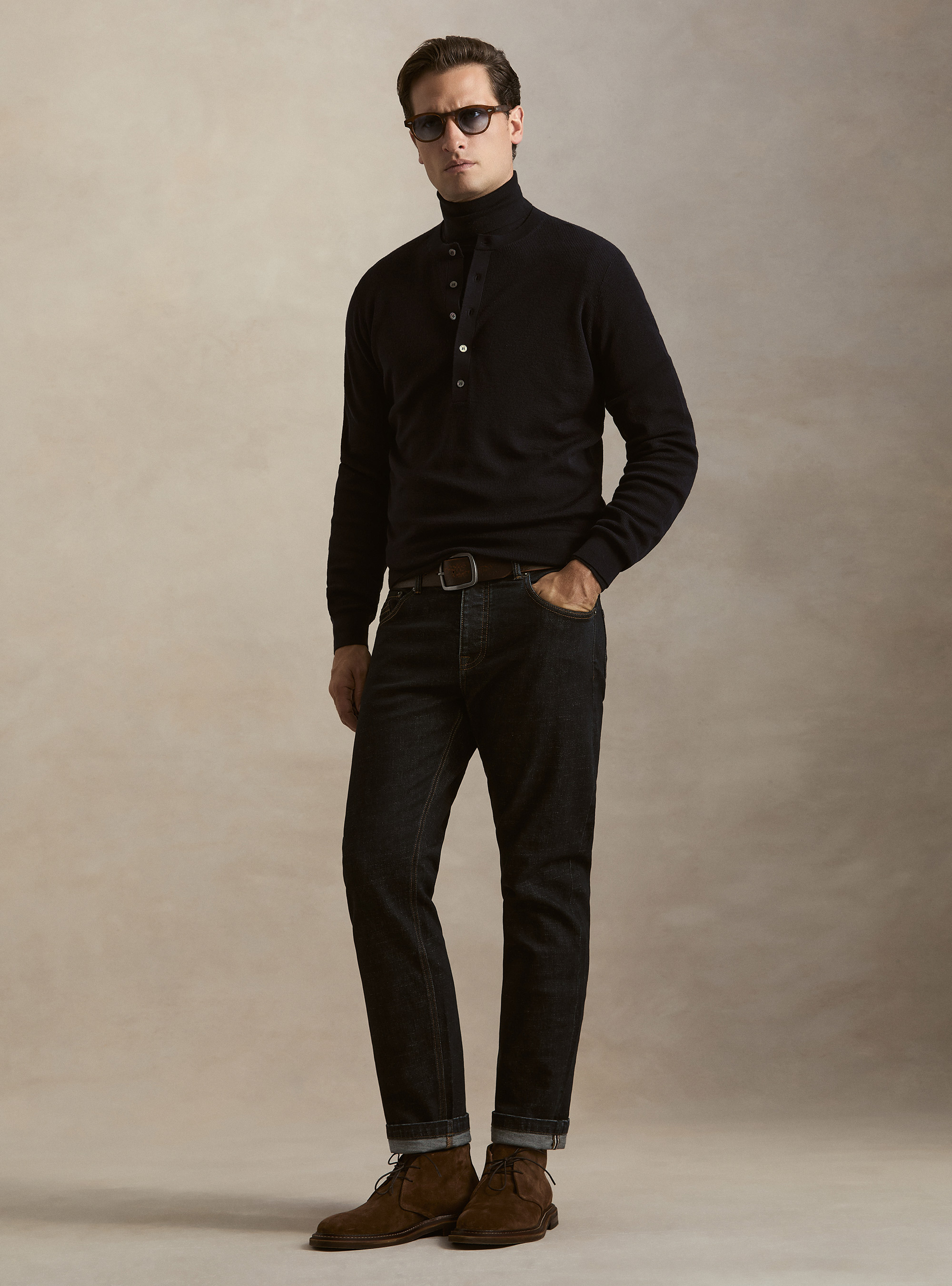 Maglia serafino in lana a costine, BLU NAVY
