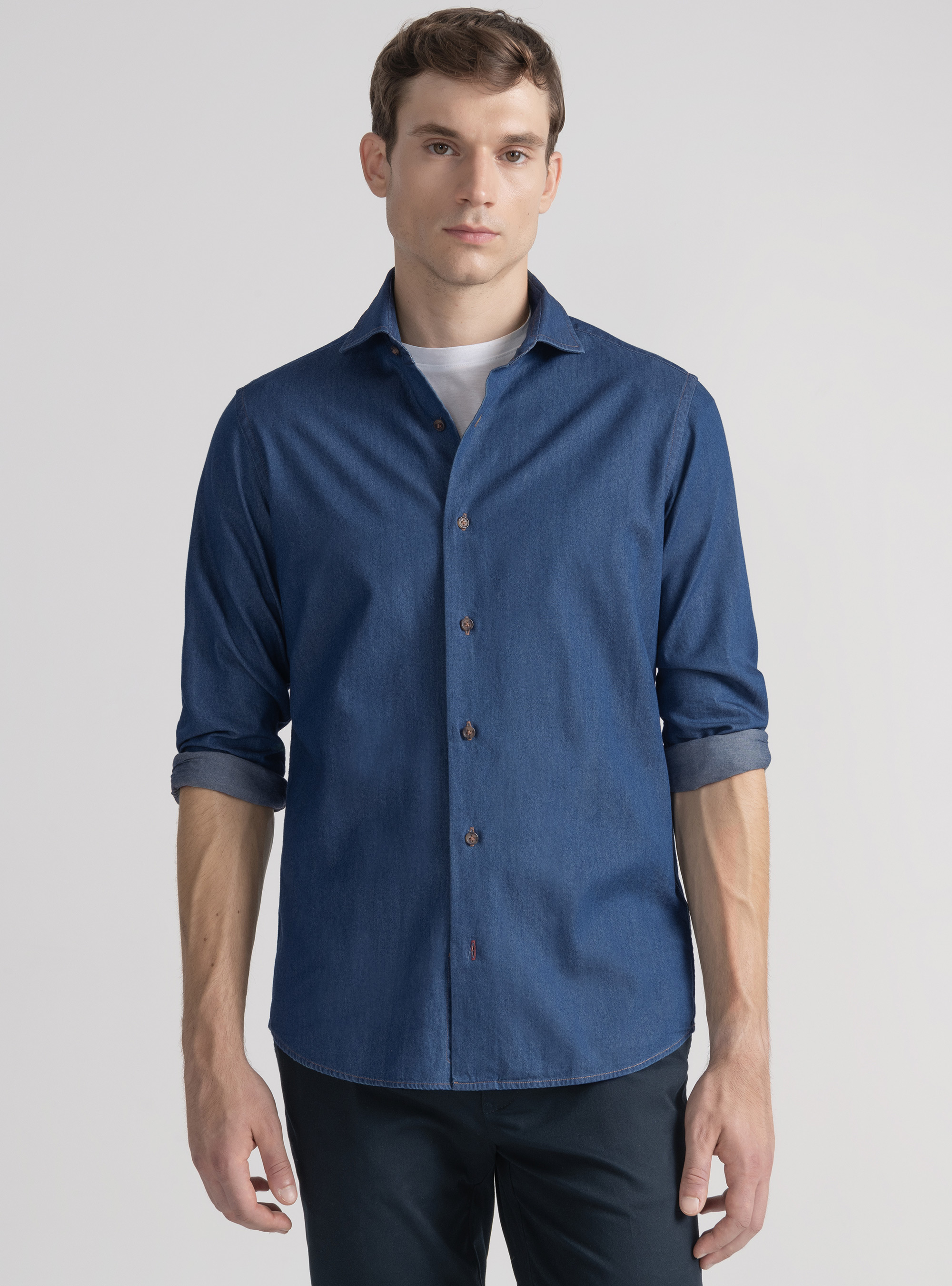 Camicia in cotone chambray, BLU NAVY