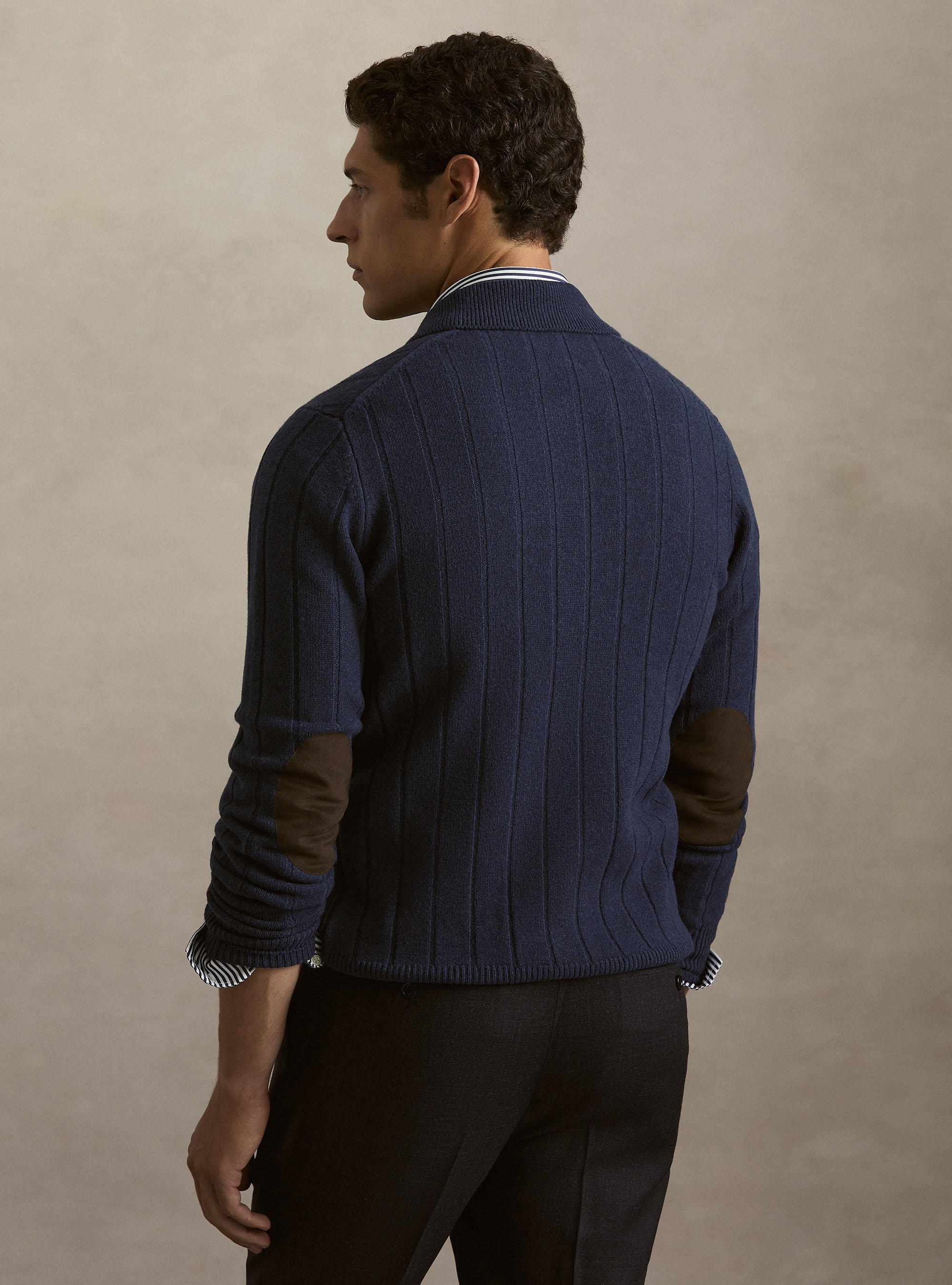 Maglia full zip con colletto in lana e cashmere a costa piatta, INCHIOSTRO