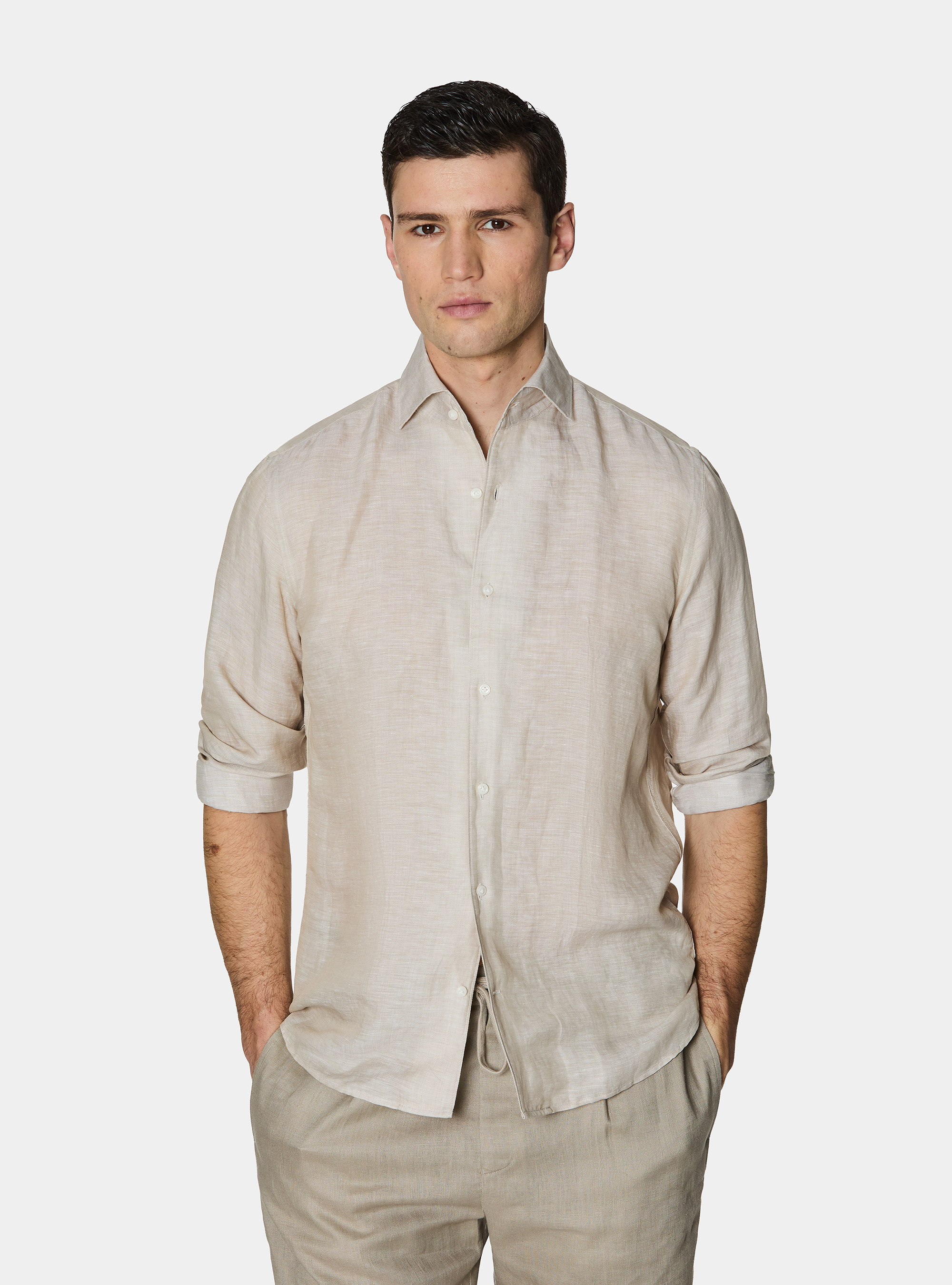 Camicia in misto lino con paramontura, SABBIA