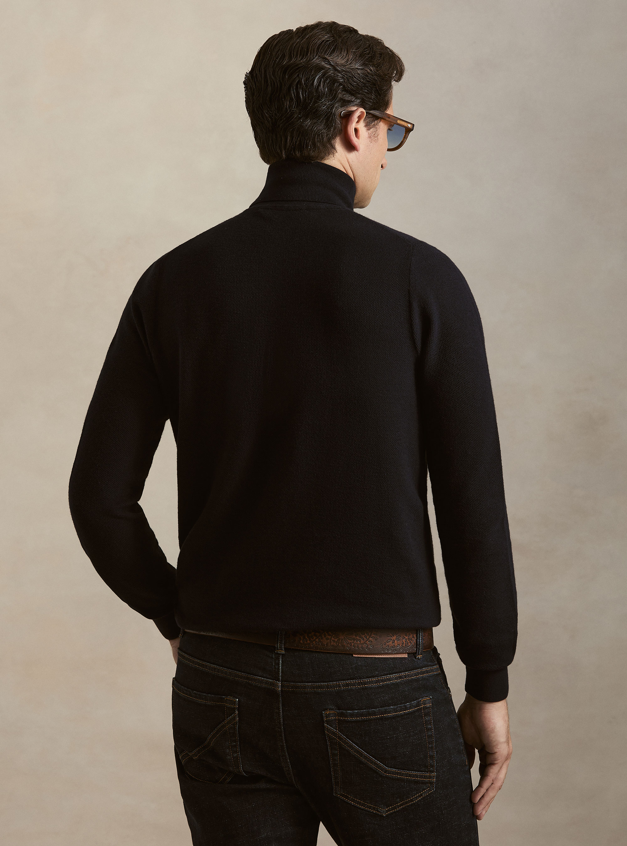 Dolcevita in maglia nido d'ape in cotone e cashmere, BLU NAVY