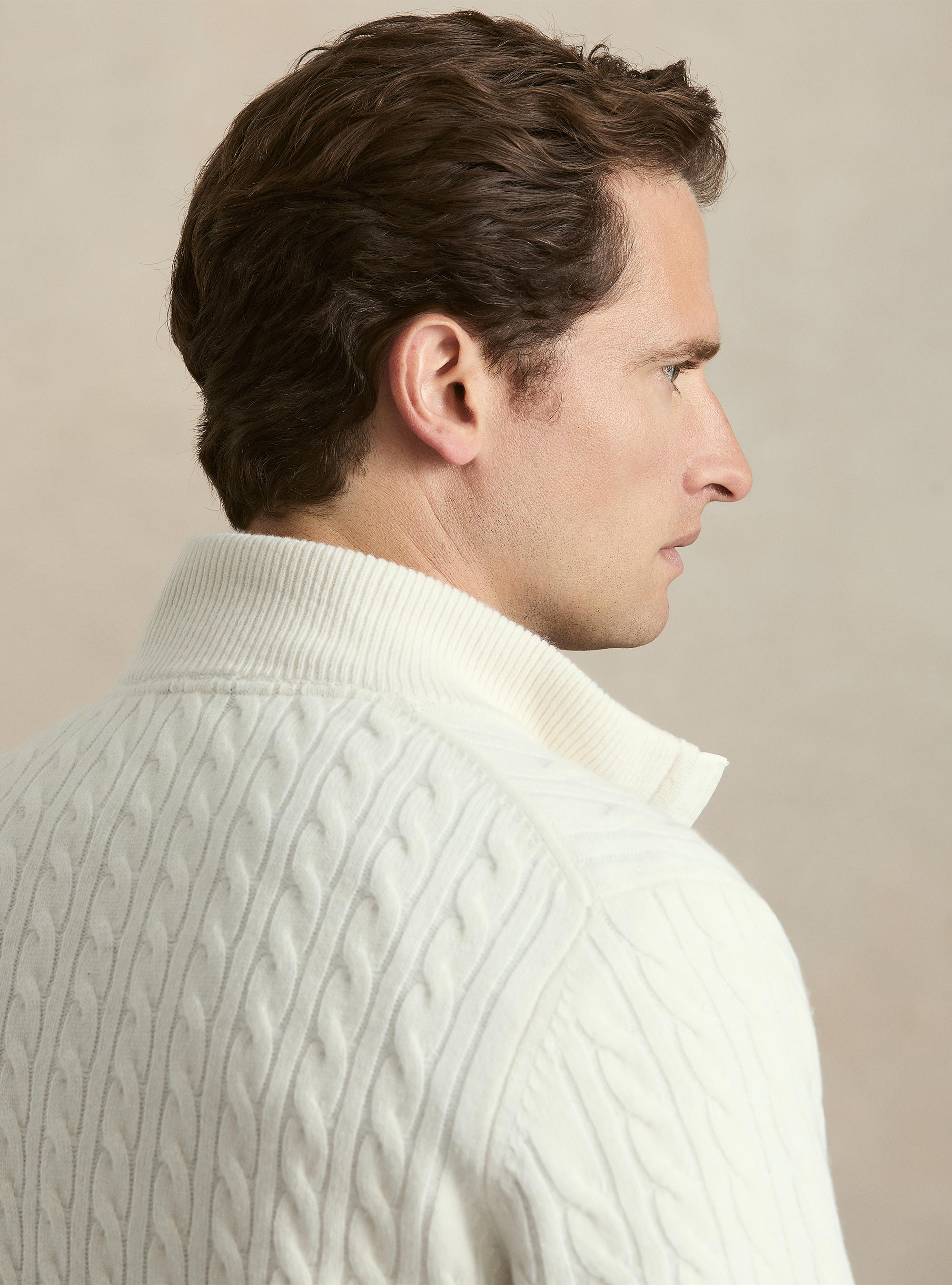 Maglia lupetto a trecce in lana e cashmere, BIANCO