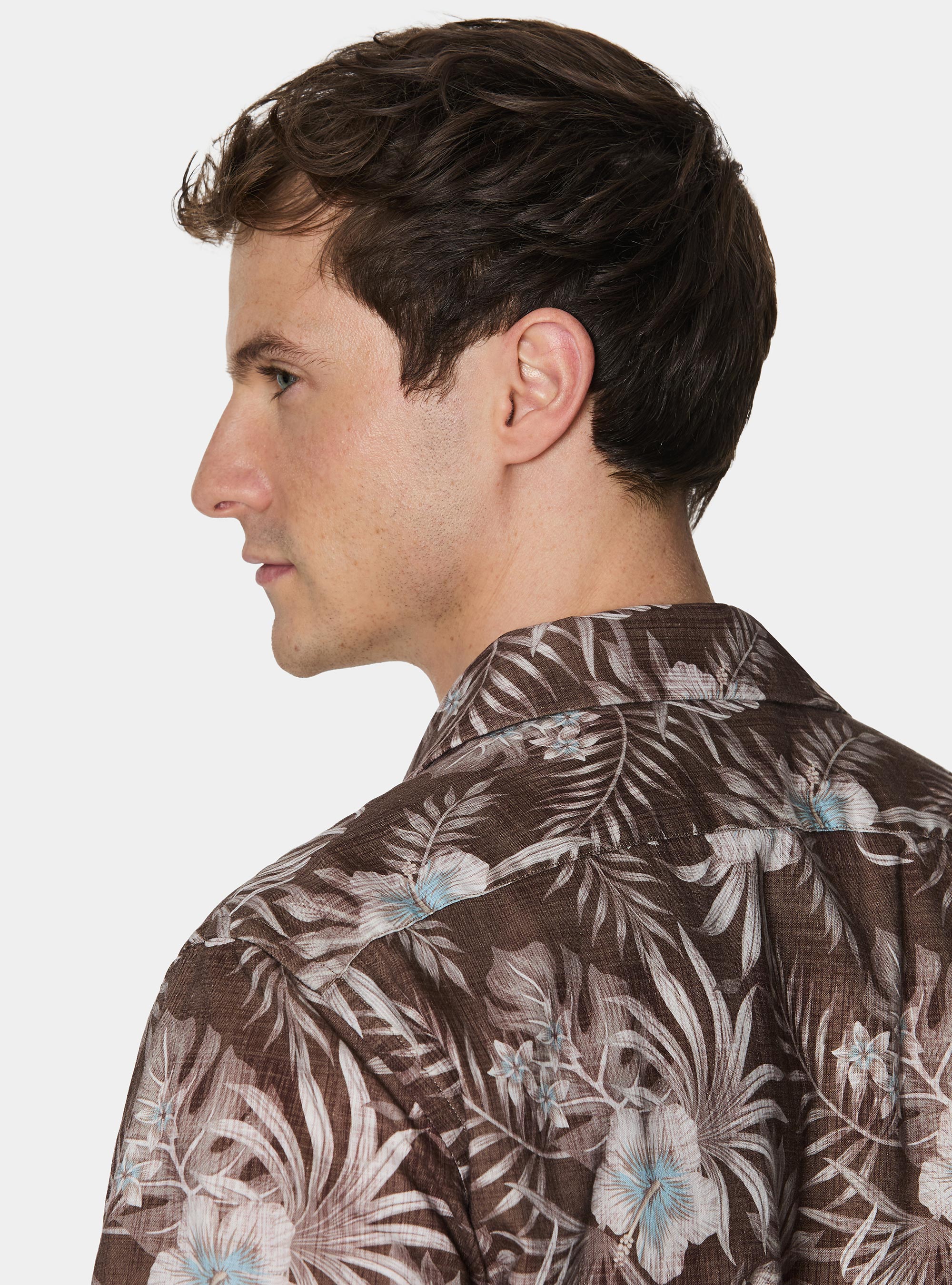 Camicia bowling in lino e cotone stampato, MARRONE