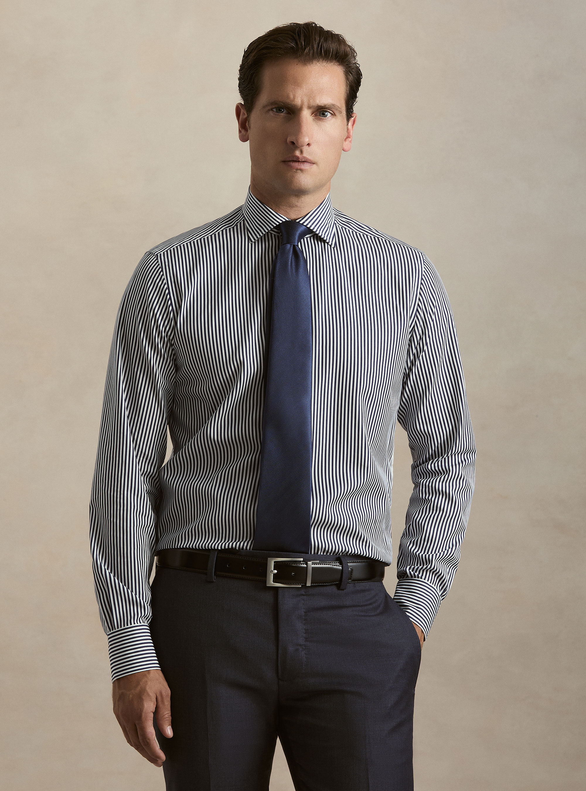 Camicia rigata in cotone popeline, BLU NAVY
