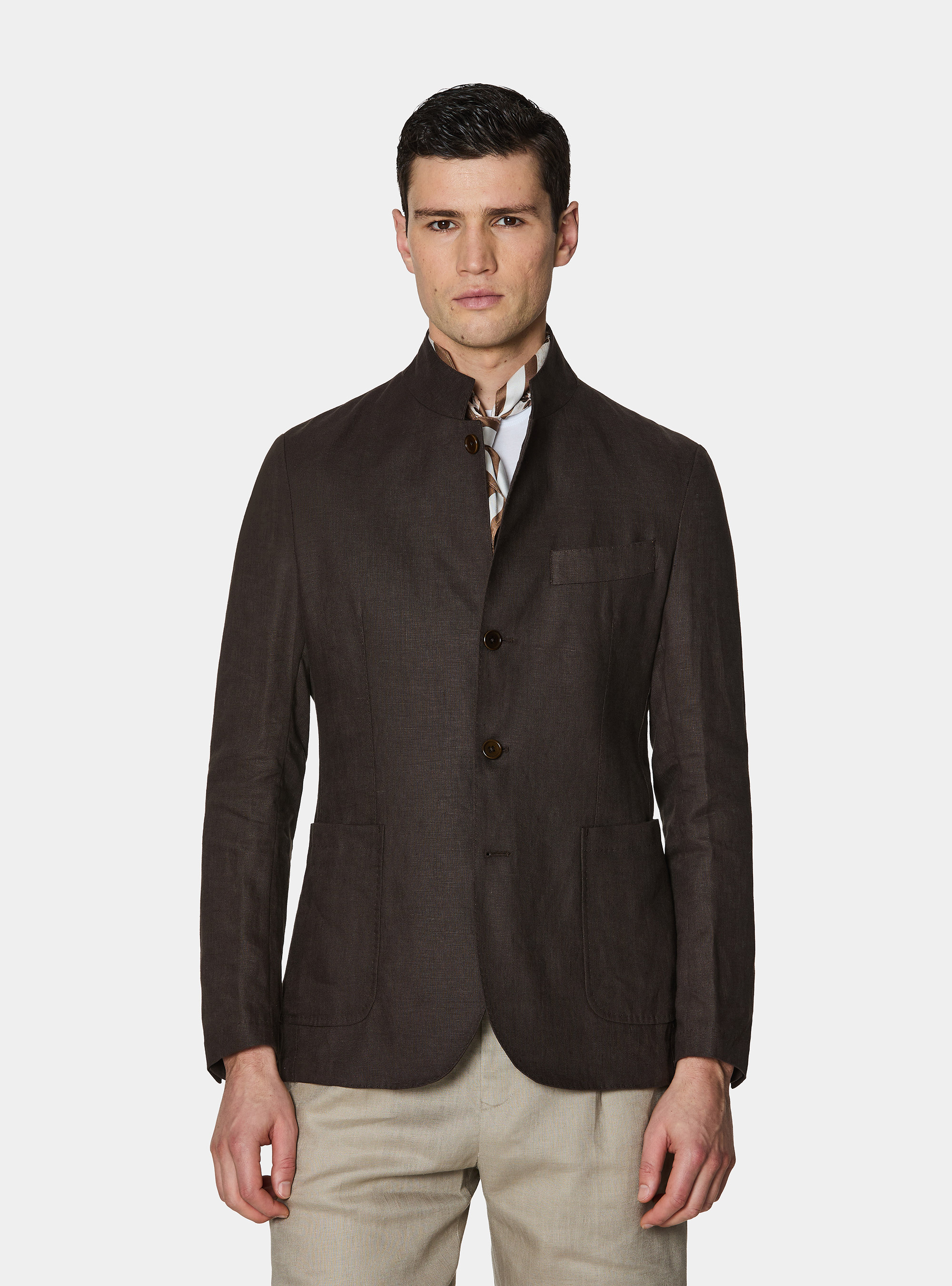 Giacca coreana in puro lino, MARRONE