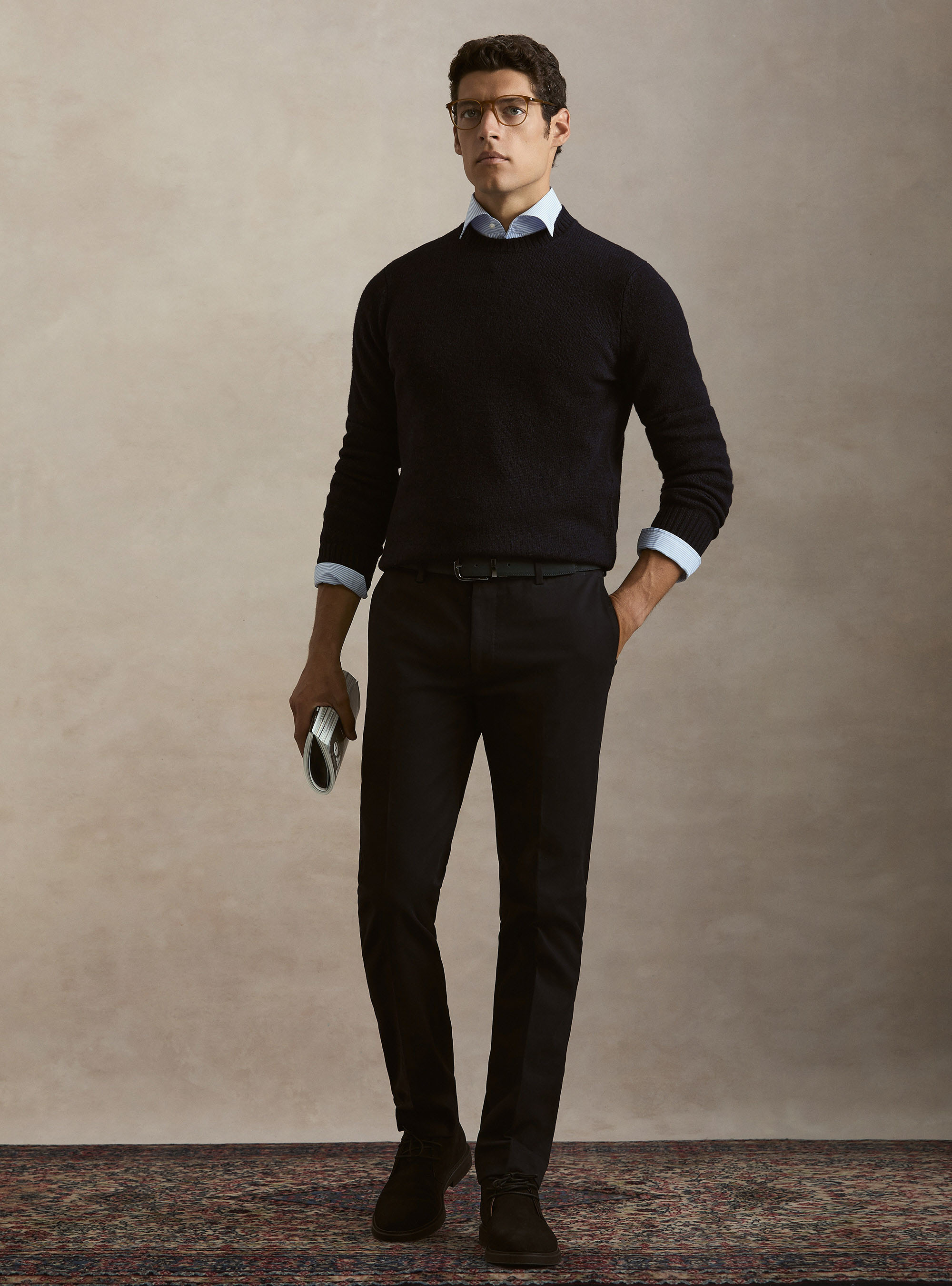 Maglia girocollo in pura lana shetland, BLU NAVY