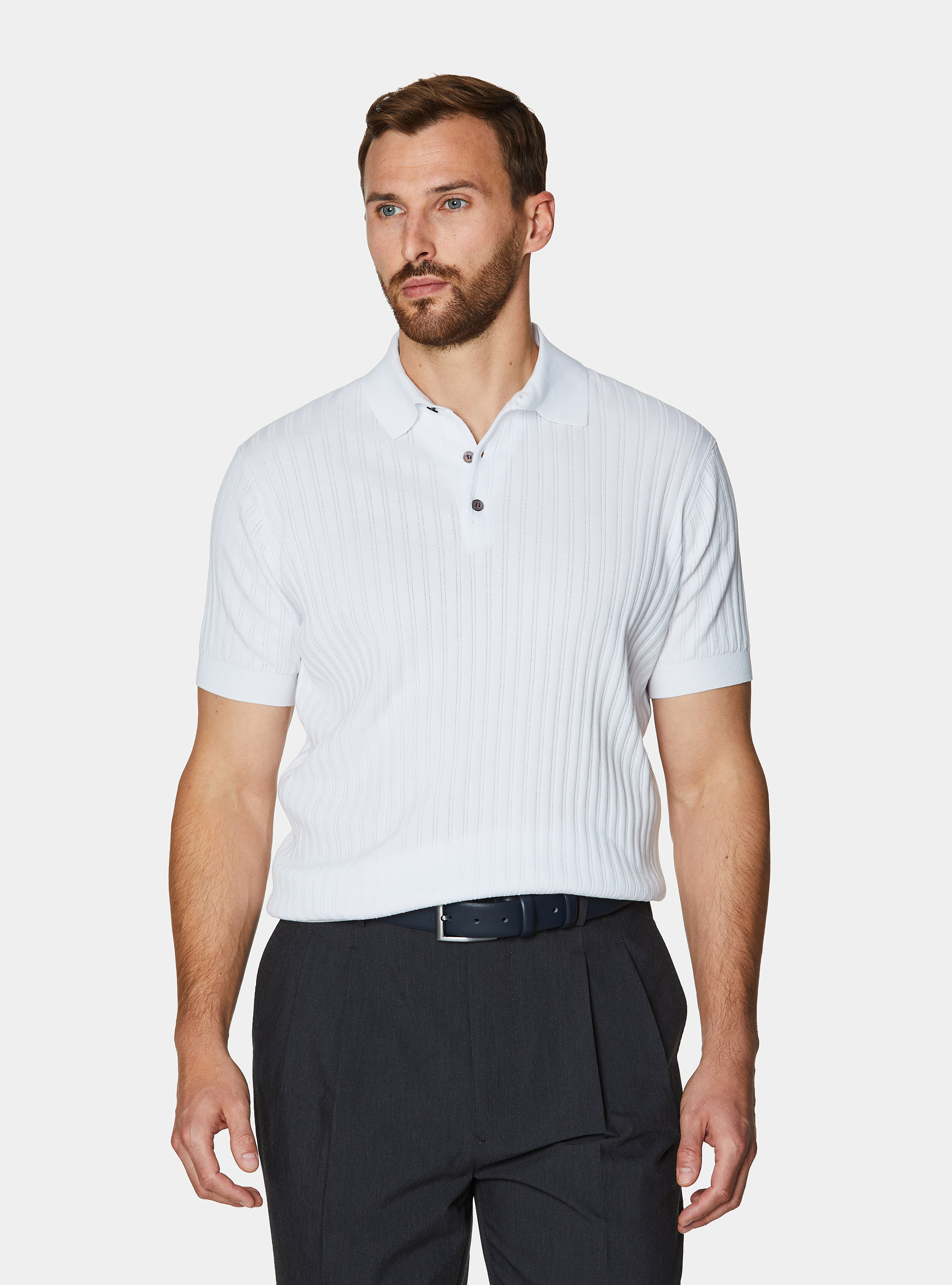 Polo in maglia in cotone extrafine a costa traforata, BIANCO