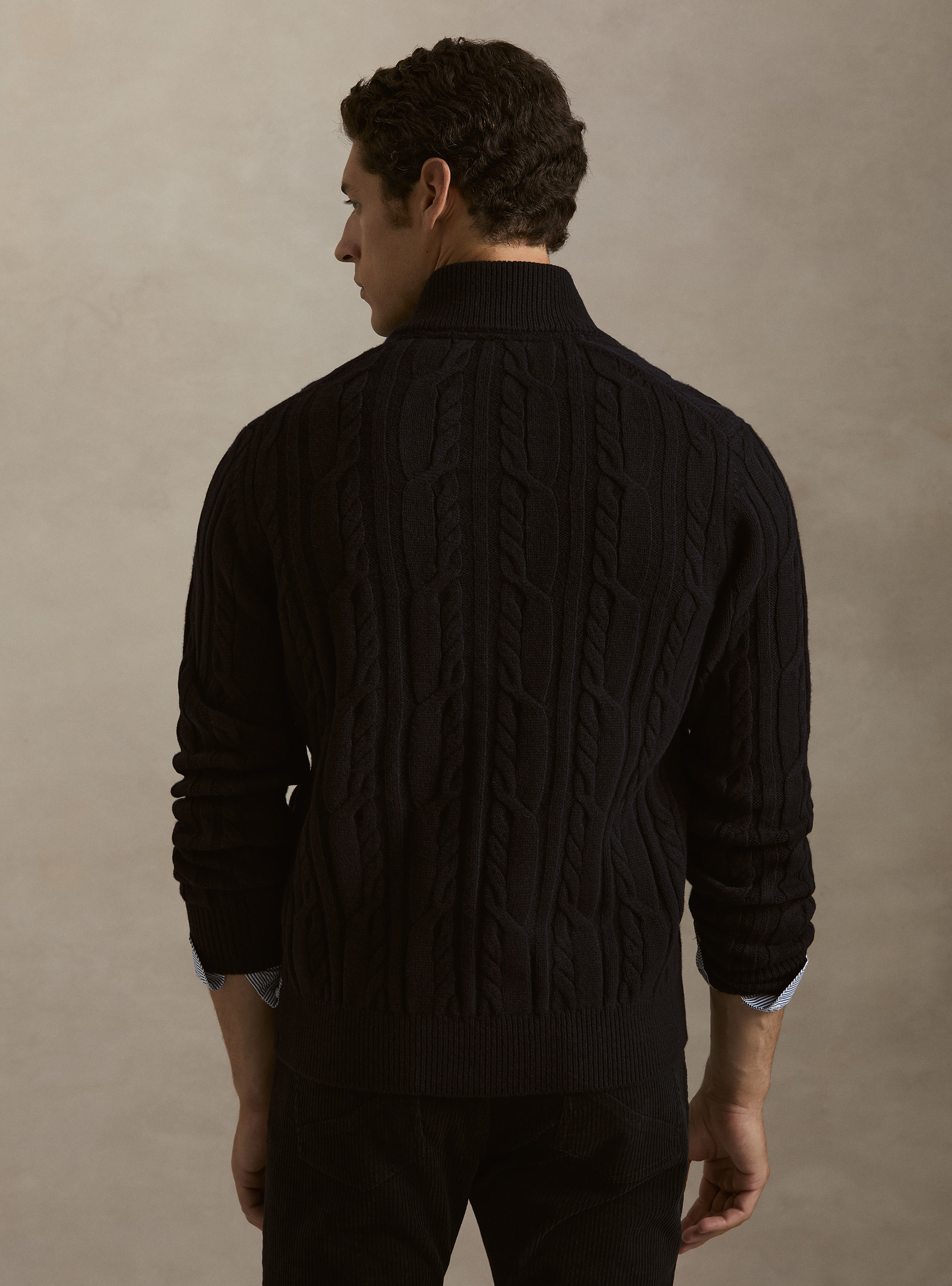 Cardigan a treccia in lana e cashmere, BLU NAVY
