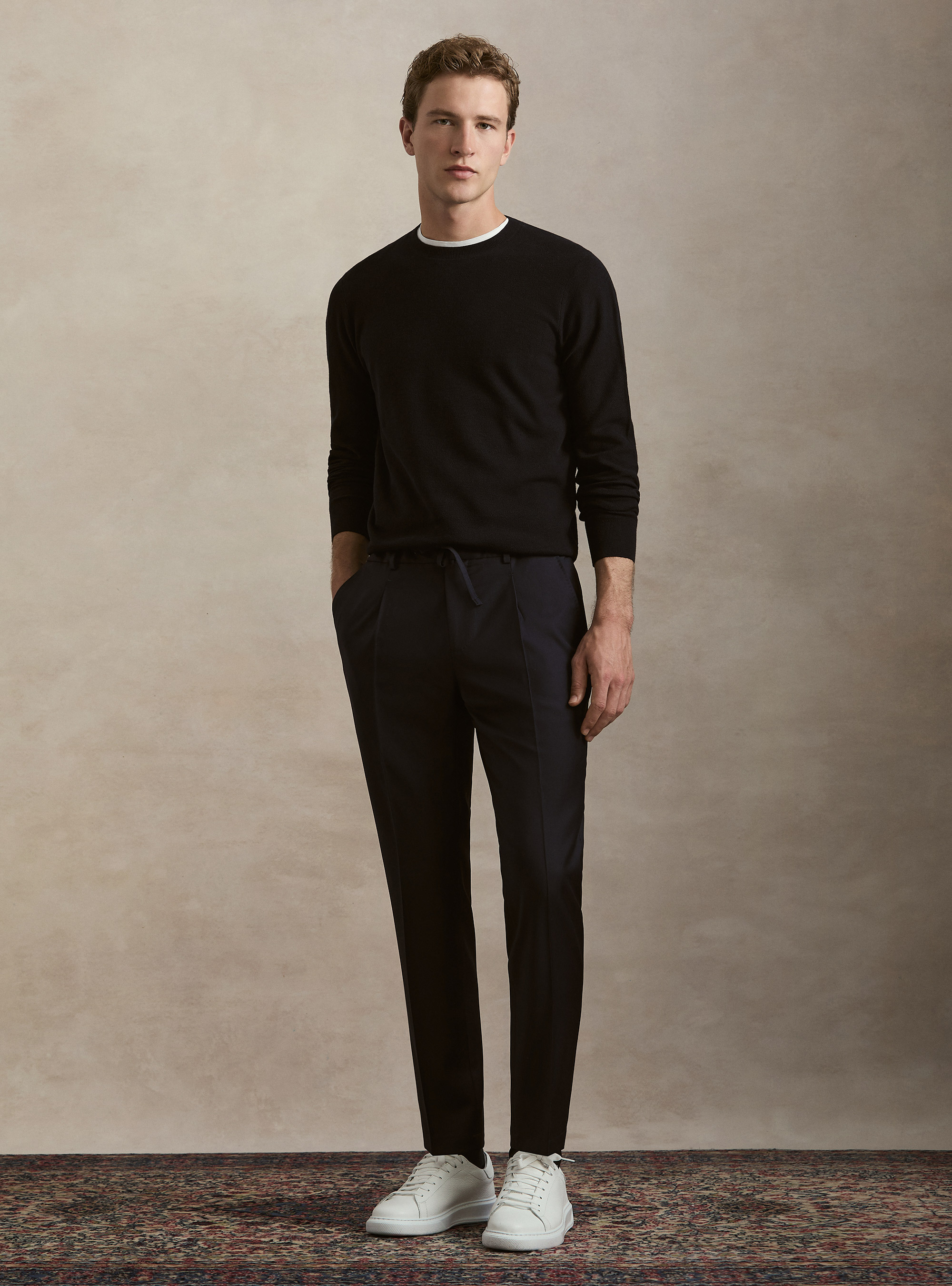 Maglia girocollo in cotone cashmere nido d'ape, BLU NAVY