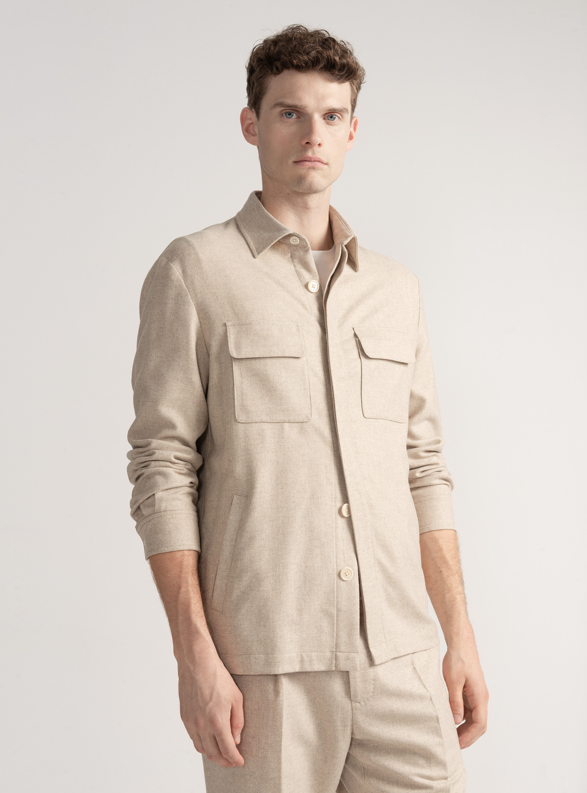Giacca camicia leggera in misto lana, ECRU