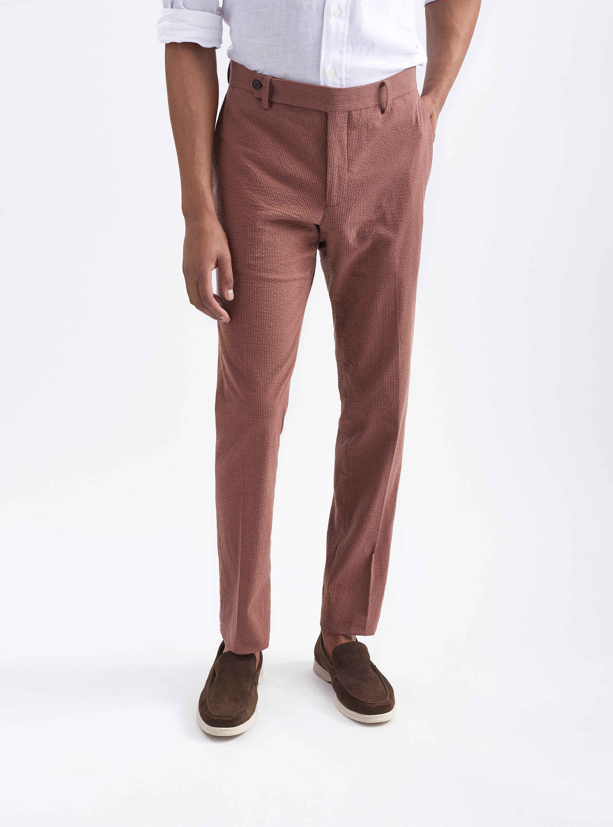 Pantaloni per abito seersucker in cotone stretch, TABACCO