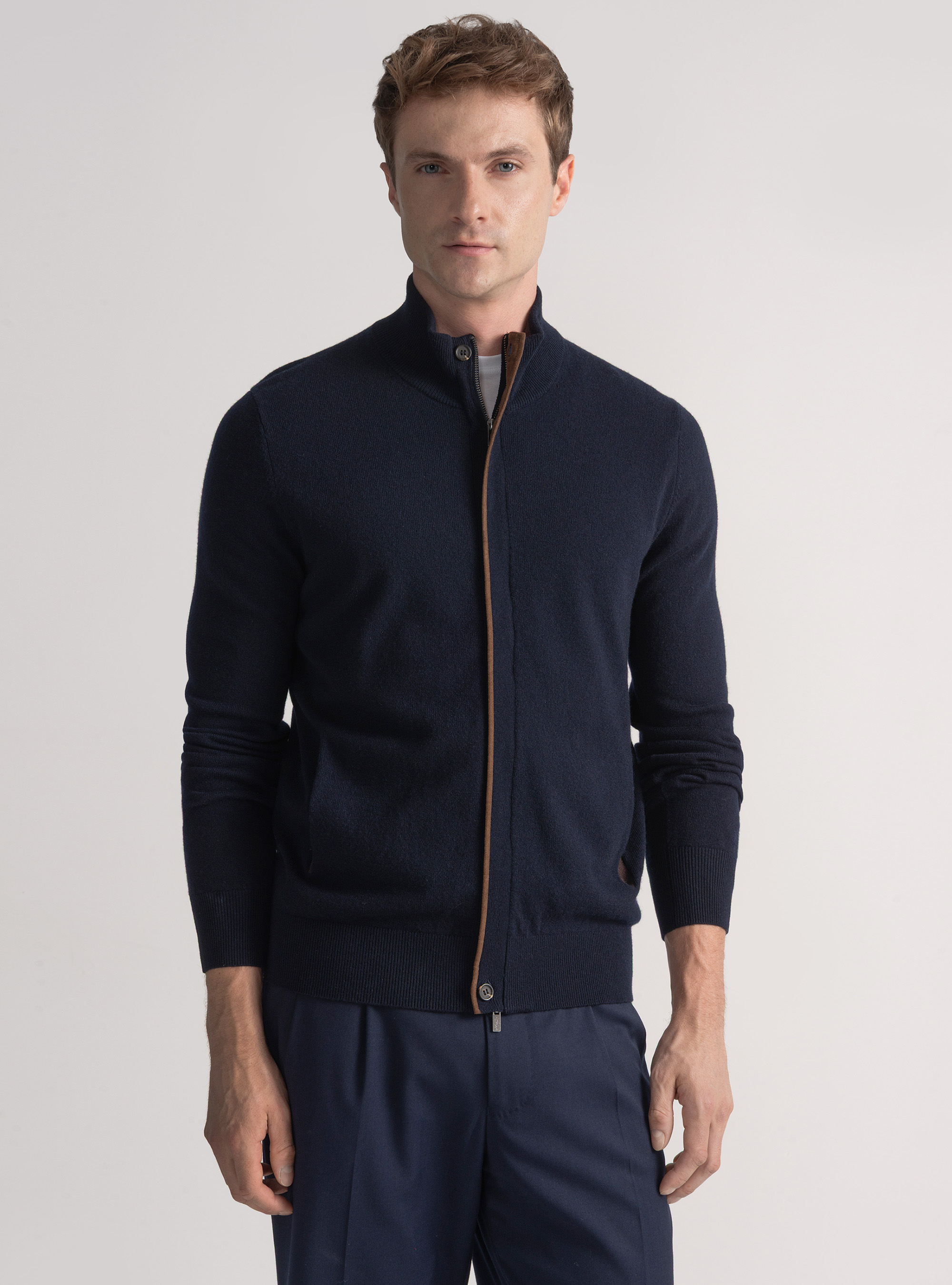 Cardigan in maglia con zip in lana lambswool e cashmere, BLU NAVY