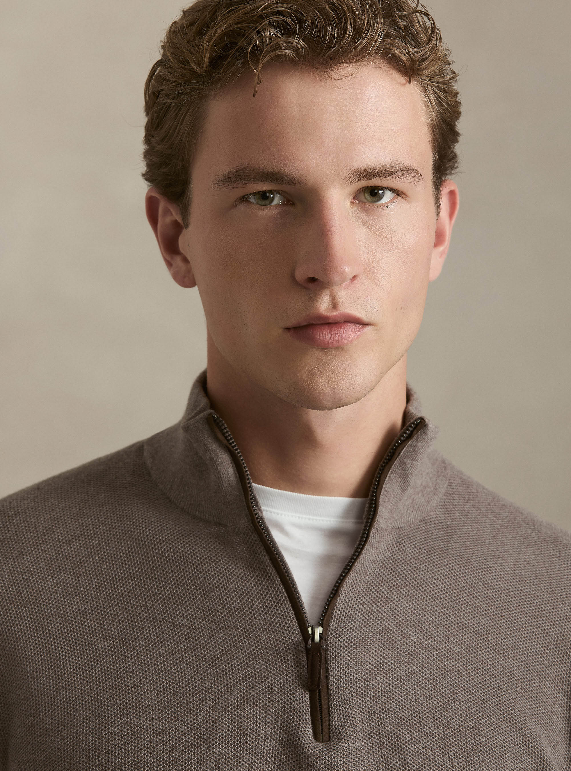 Maglia con mezza zip in cotone cashmere nido d'ape, FANGO