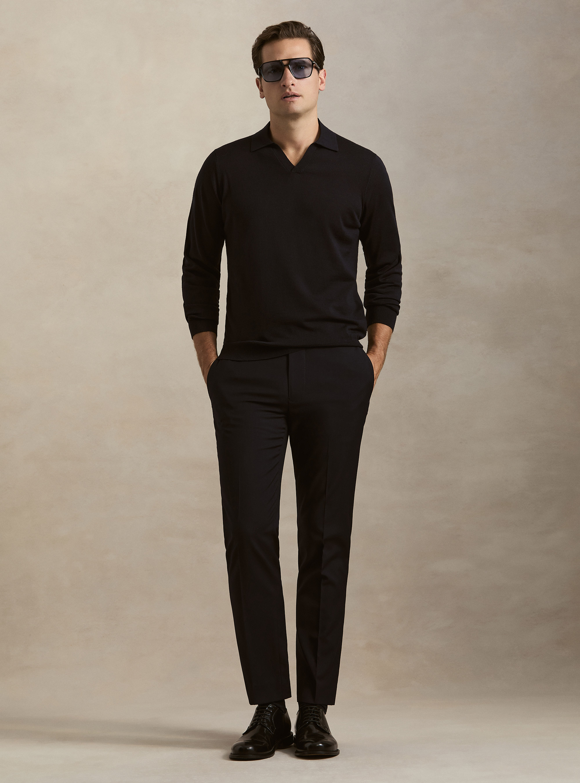 Polo collo senza bottoni in maglia lana merino, BLU NAVY