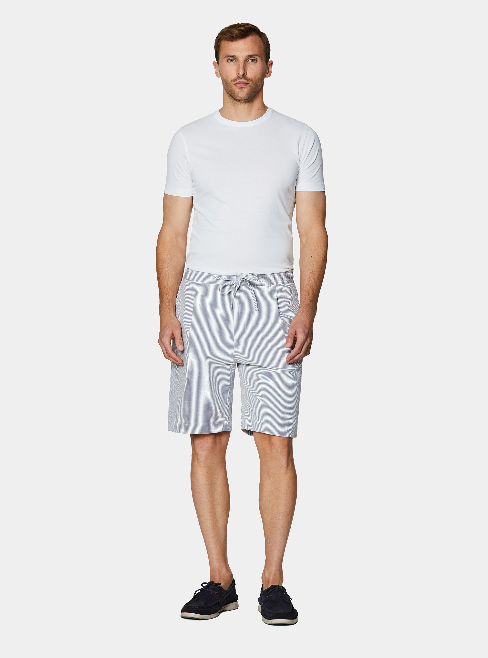 Bermuda in cotone stretch seersucker con coulisse, BLU