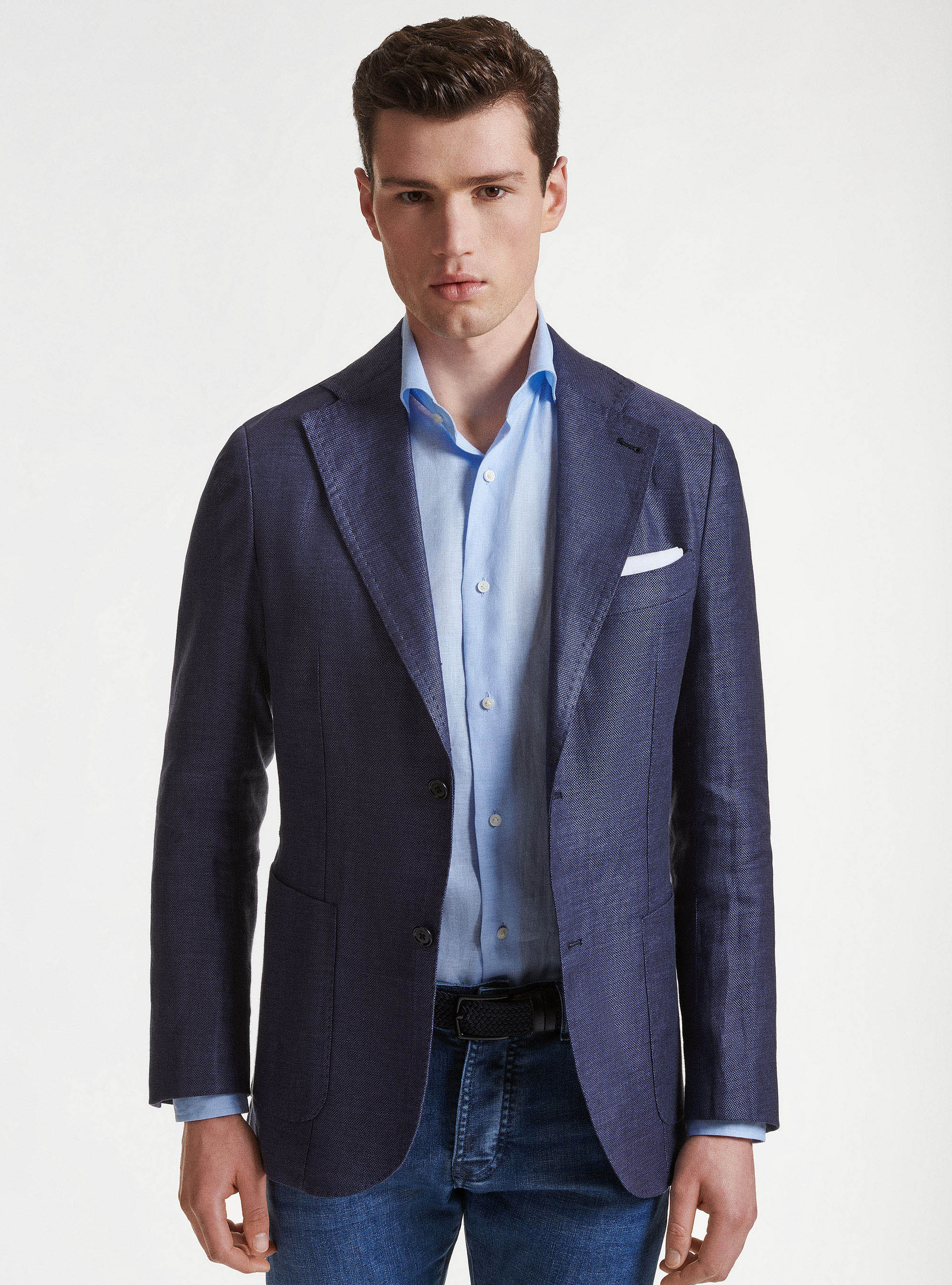 Giacca in puro lino hopsack, BLU NAVY