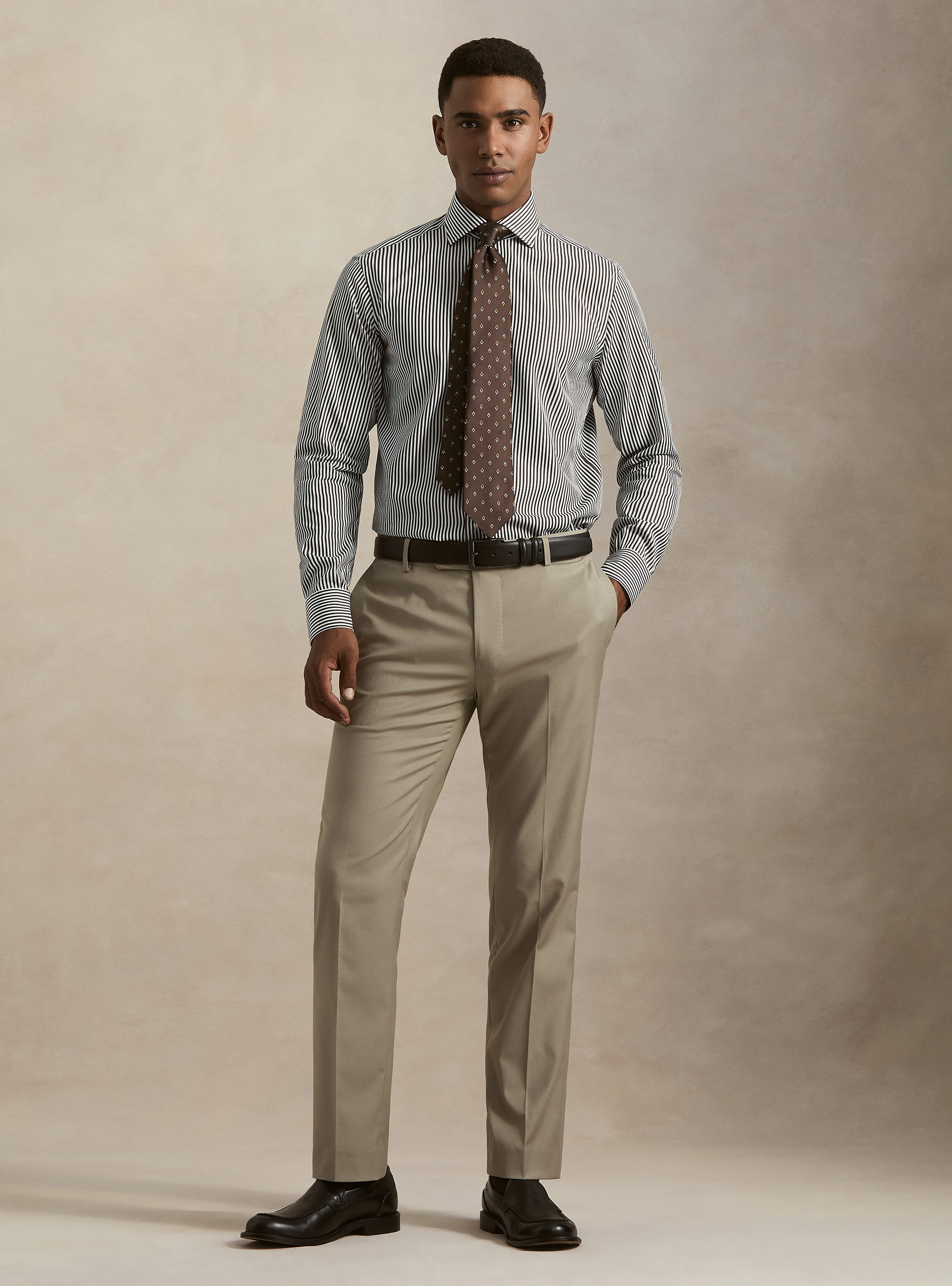 Camicia rigata in cotone popeline, MARRONE