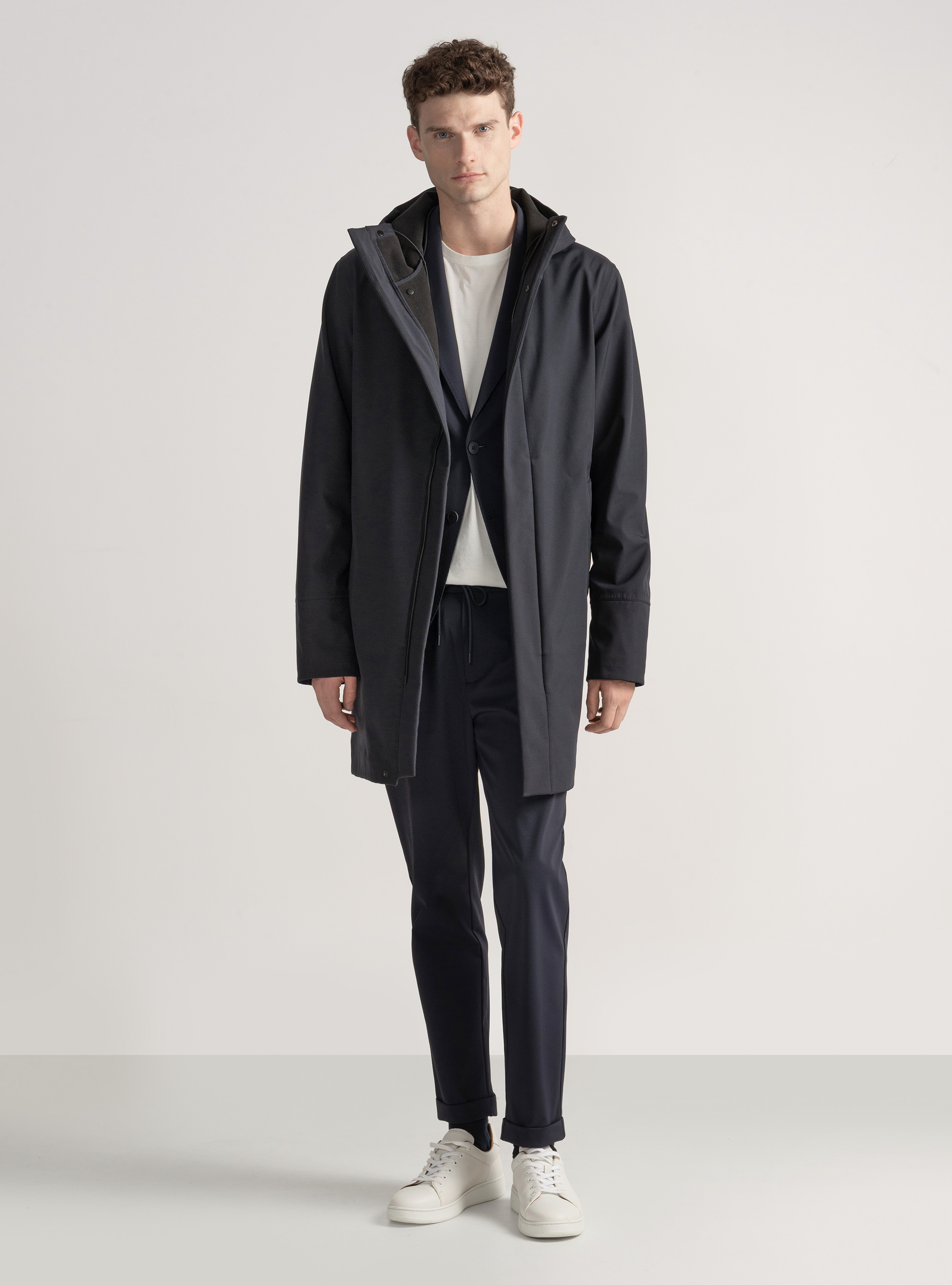 Giubbotto tecnico lungo con cappuccio, BLU NAVY