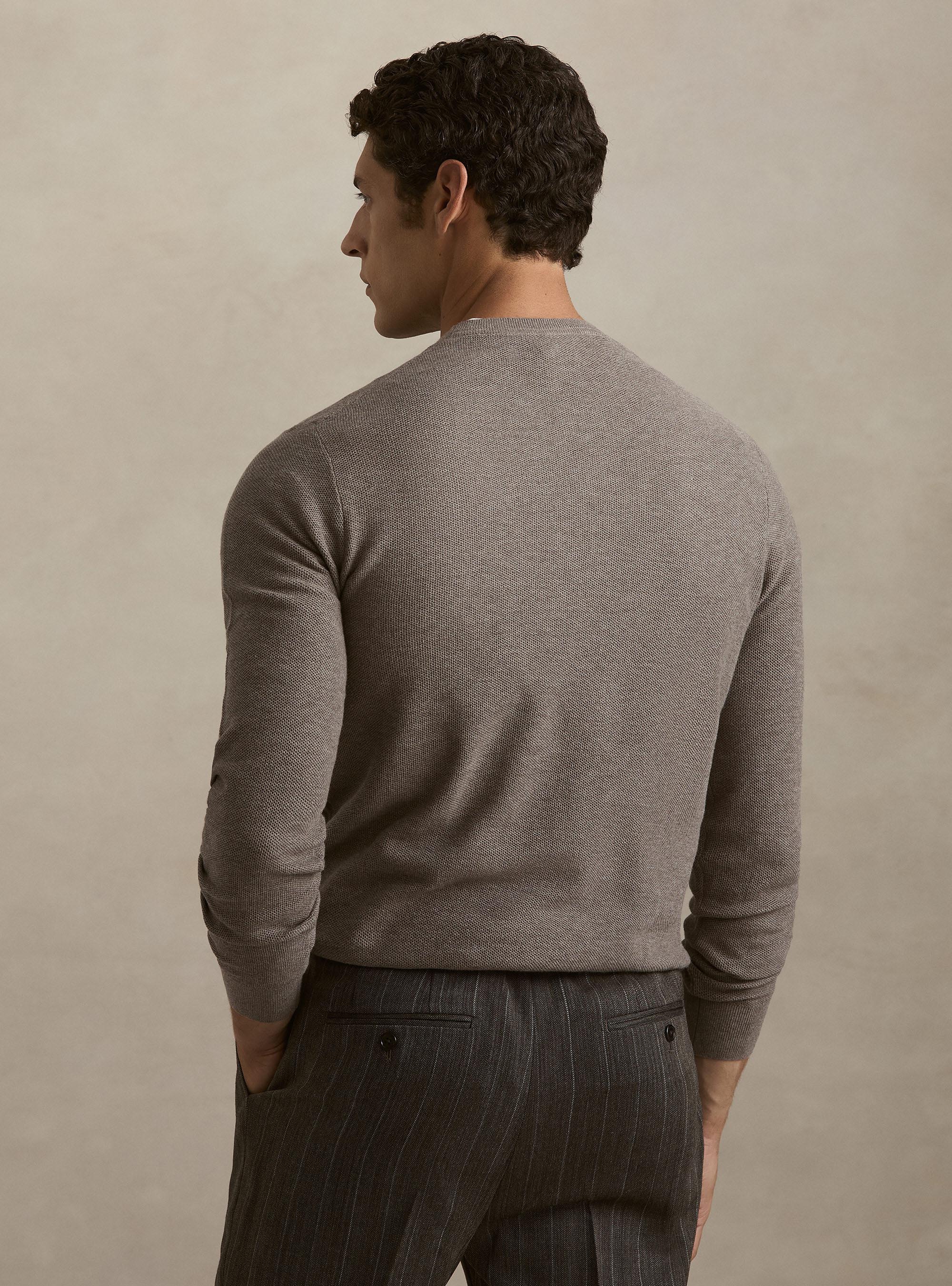 Maglia girocollo in cotone cashmere nido d'ape, FANGO