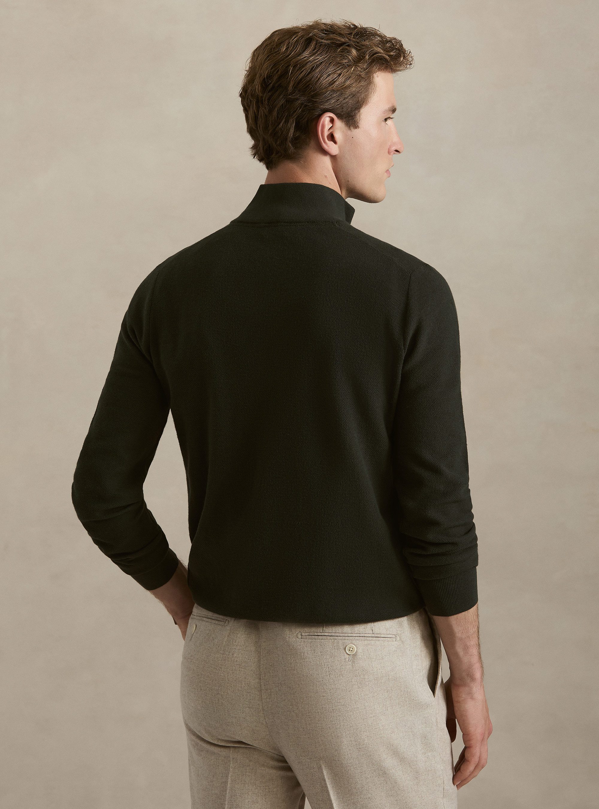 Maglia con mezza zip in cotone cashmere nido d'ape, MILITARE 0609C