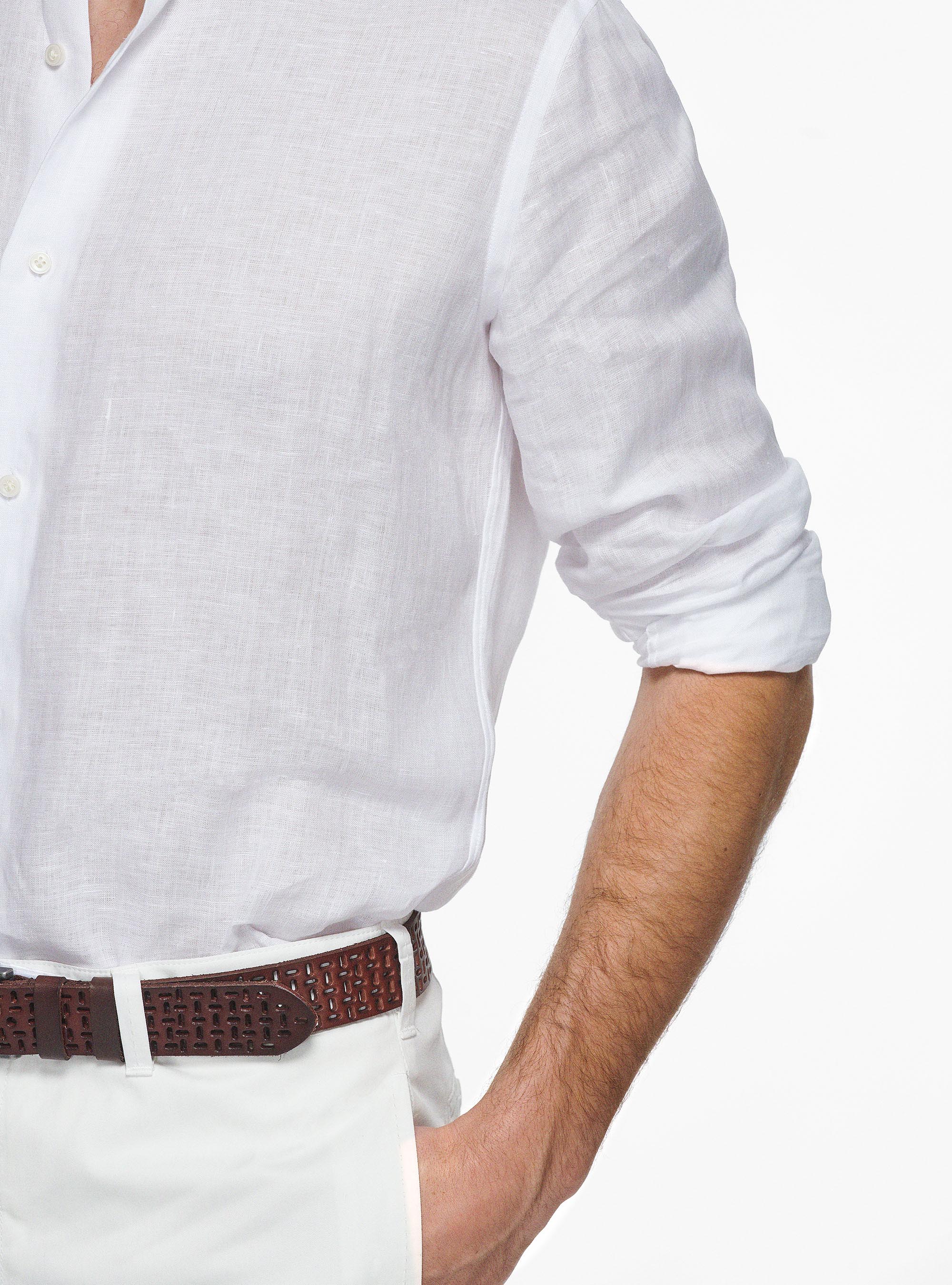 Camicia collo italiano in puro lino, BIANCO