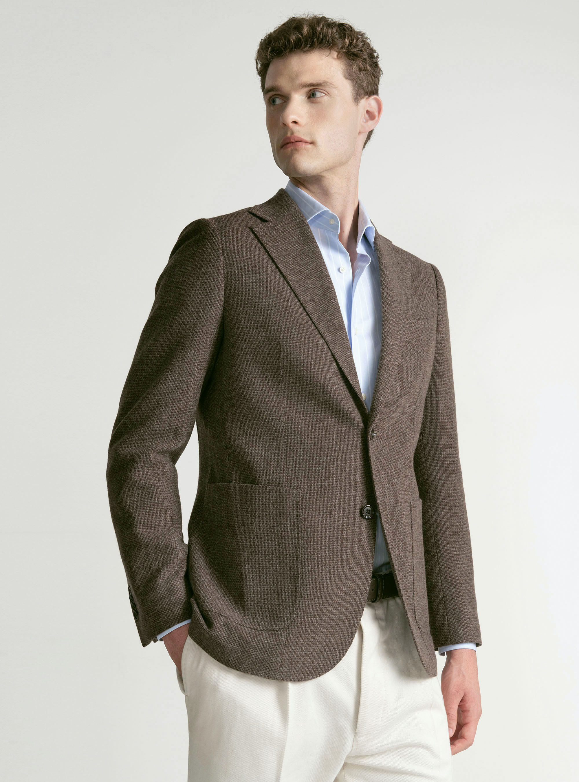 Giacca hopsack in lana cotone e cashmere, FANGO