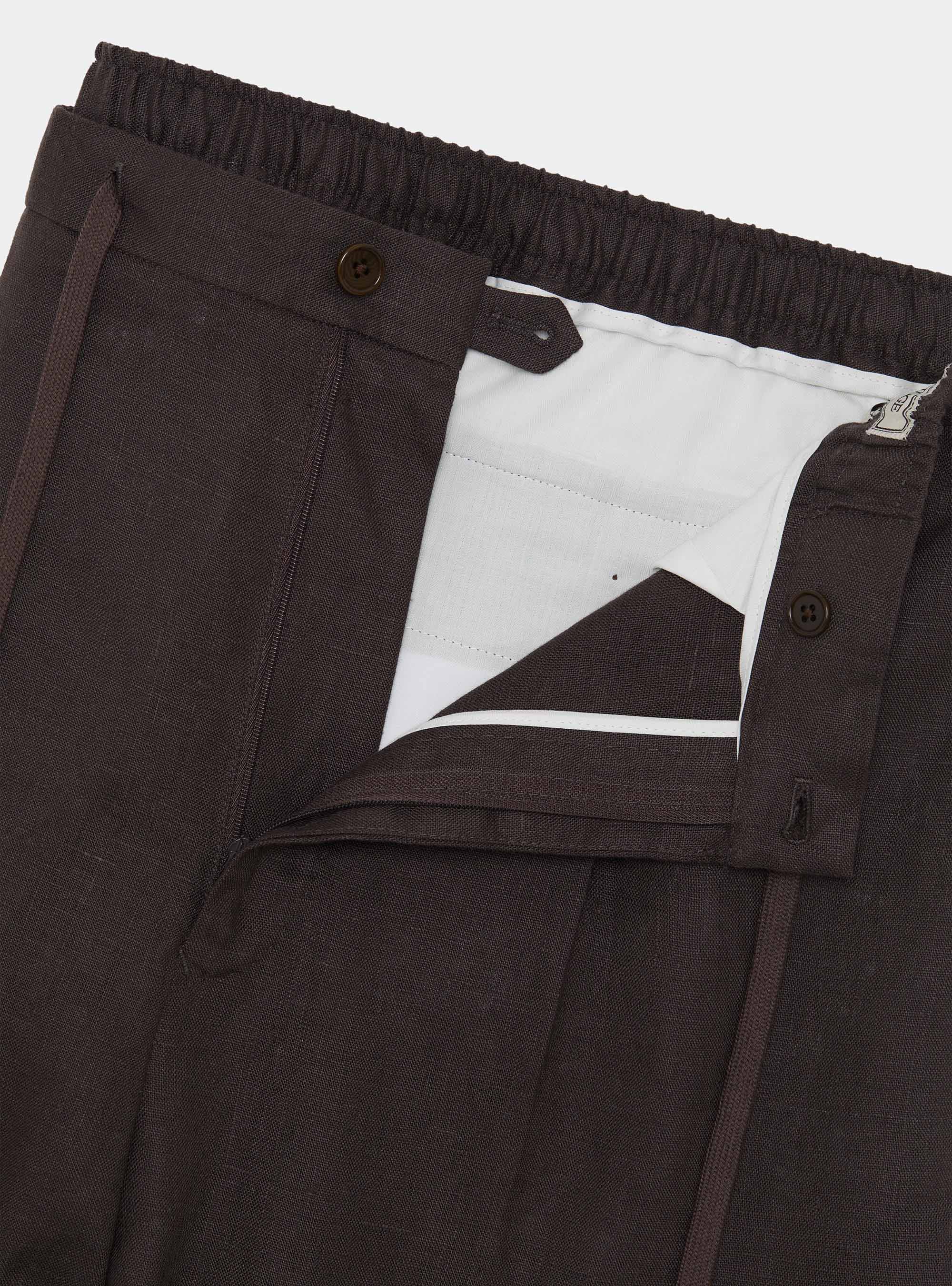 Pantaloni in puro lino con pince e coulisse, MARRONE
