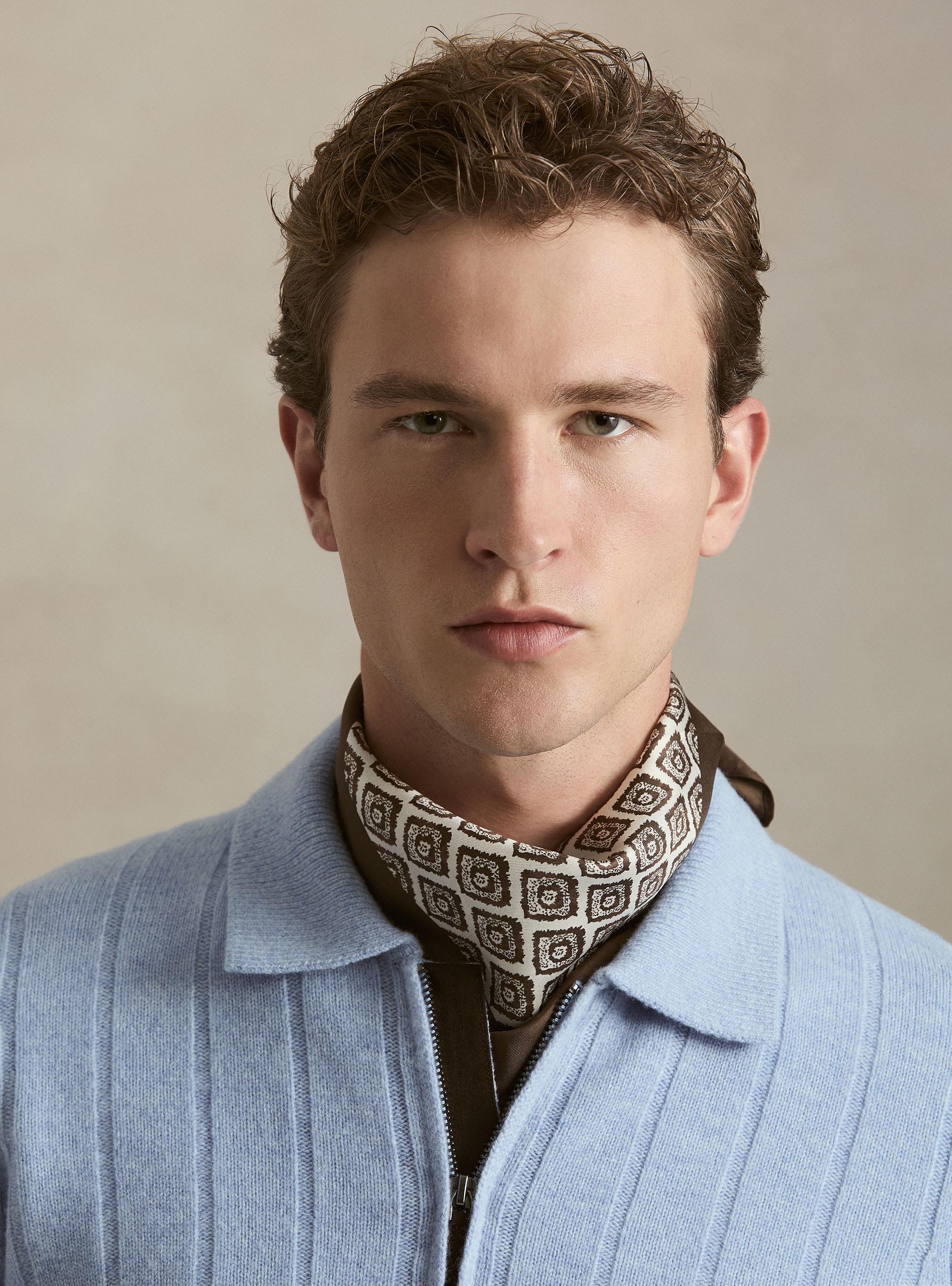 Maglia full zip con colletto in lana e cashmere a costa piatta, AZZURRO POLVERE 0283C