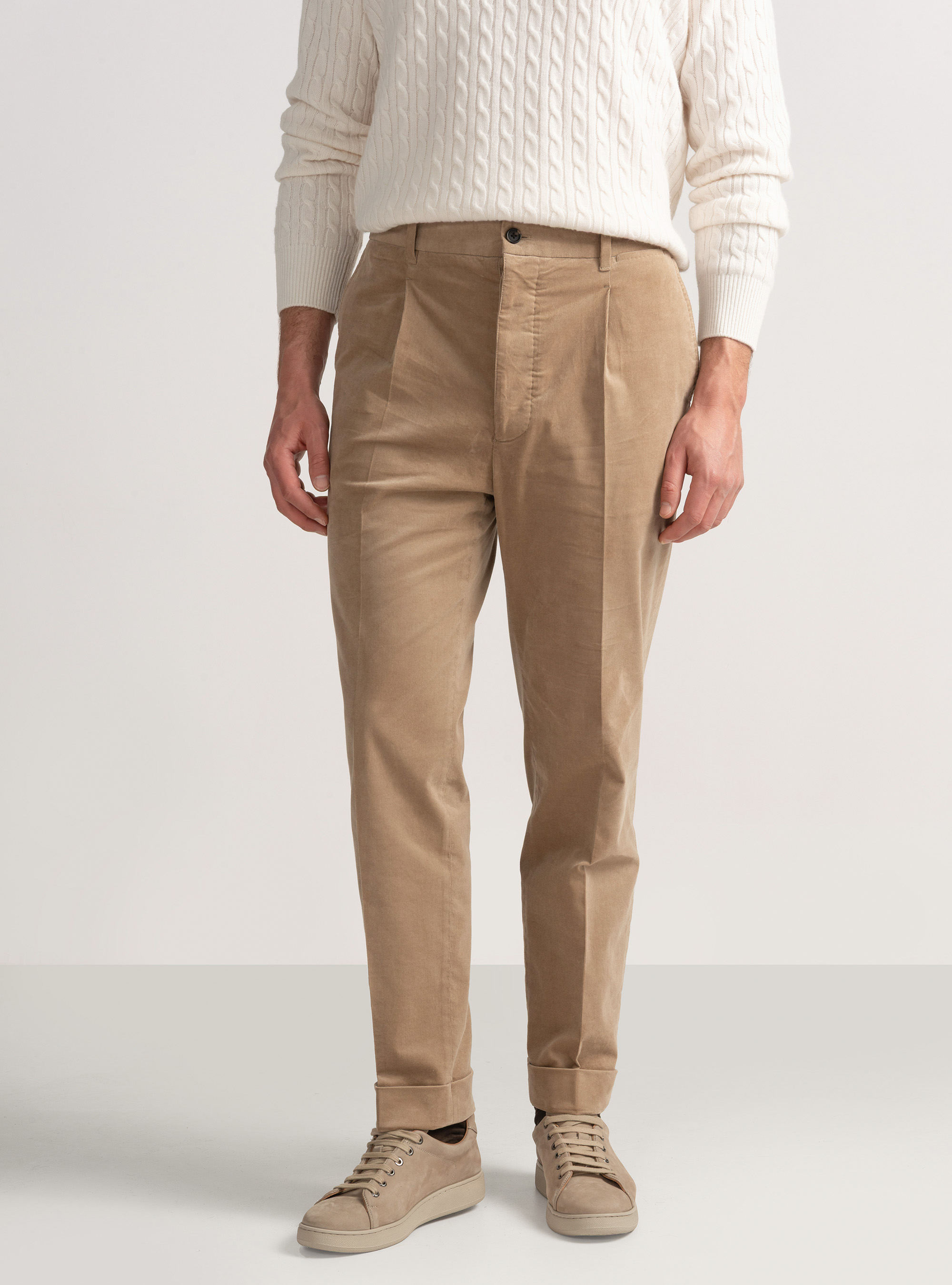 Pantaloni con elastico in velluto millerighe, SABBIA