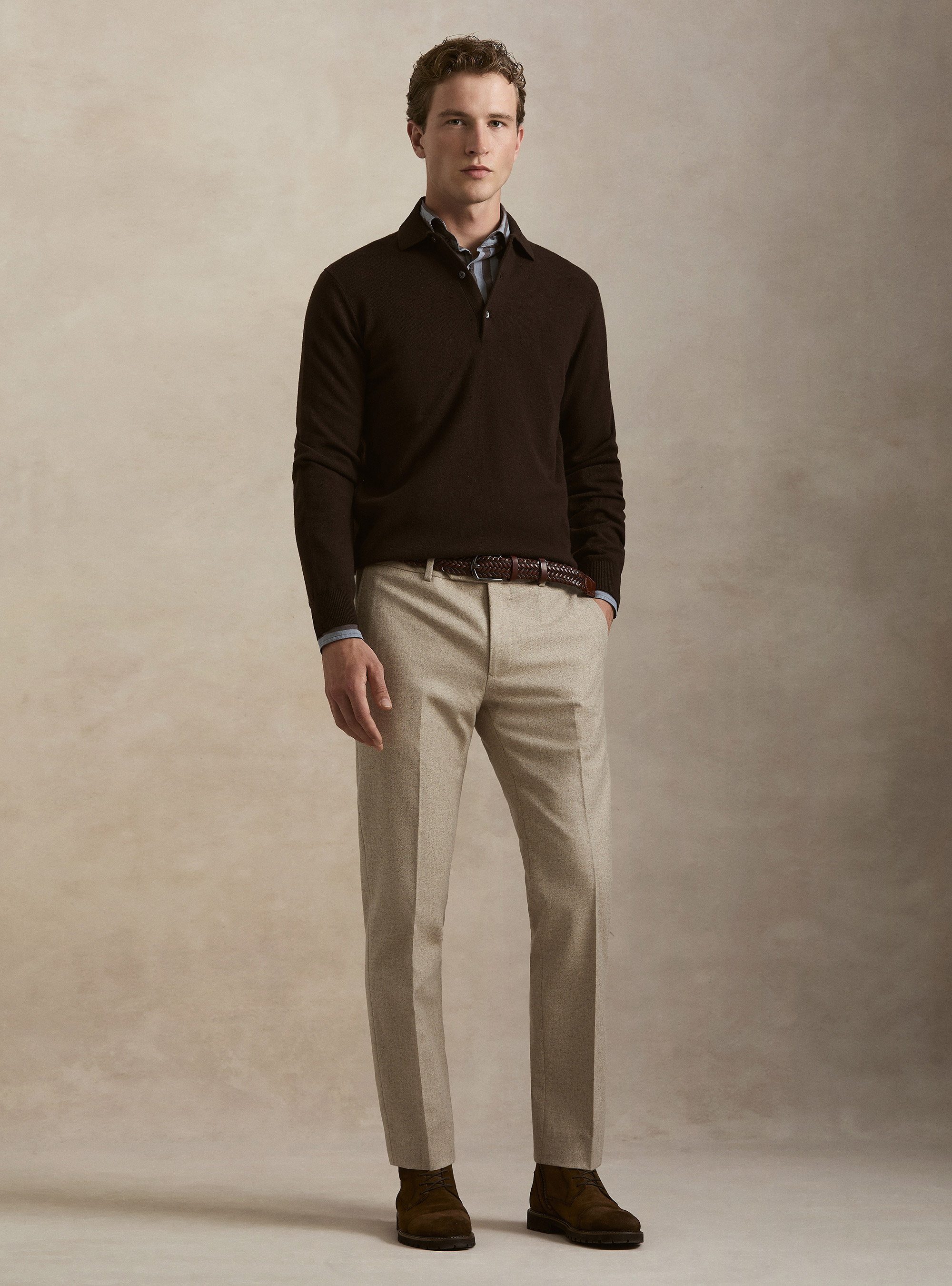 Maglia a polo in lana e cashmere, MARRONE