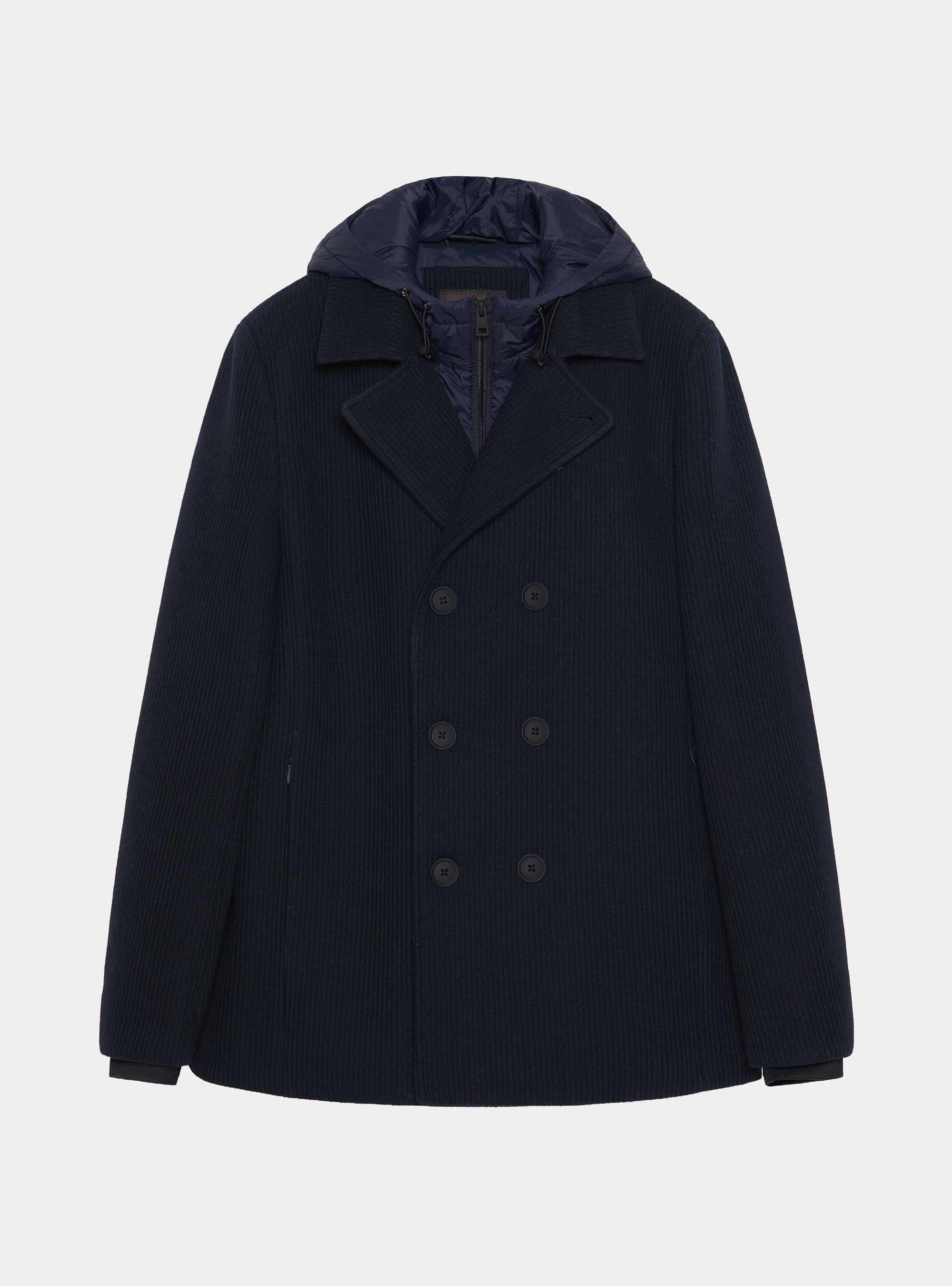Giubbino doppiopetto a coste con pettorina e cappuccio removibile, BLU NAVY