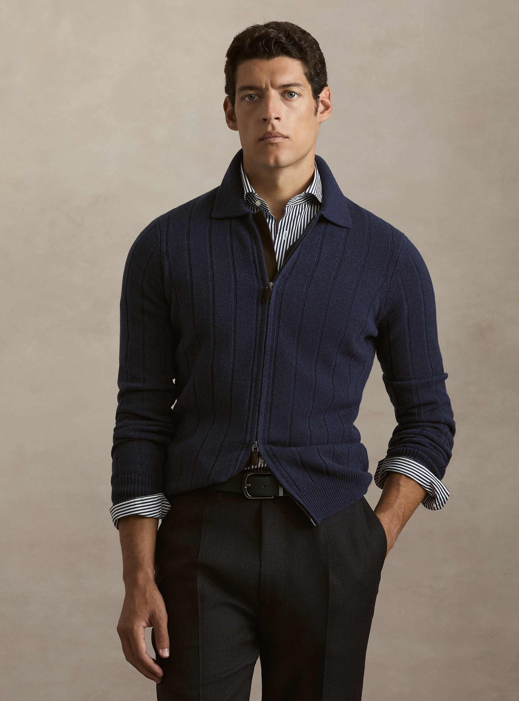 Maglia full zip con colletto in lana e cashmere a costa piatta, INCHIOSTRO