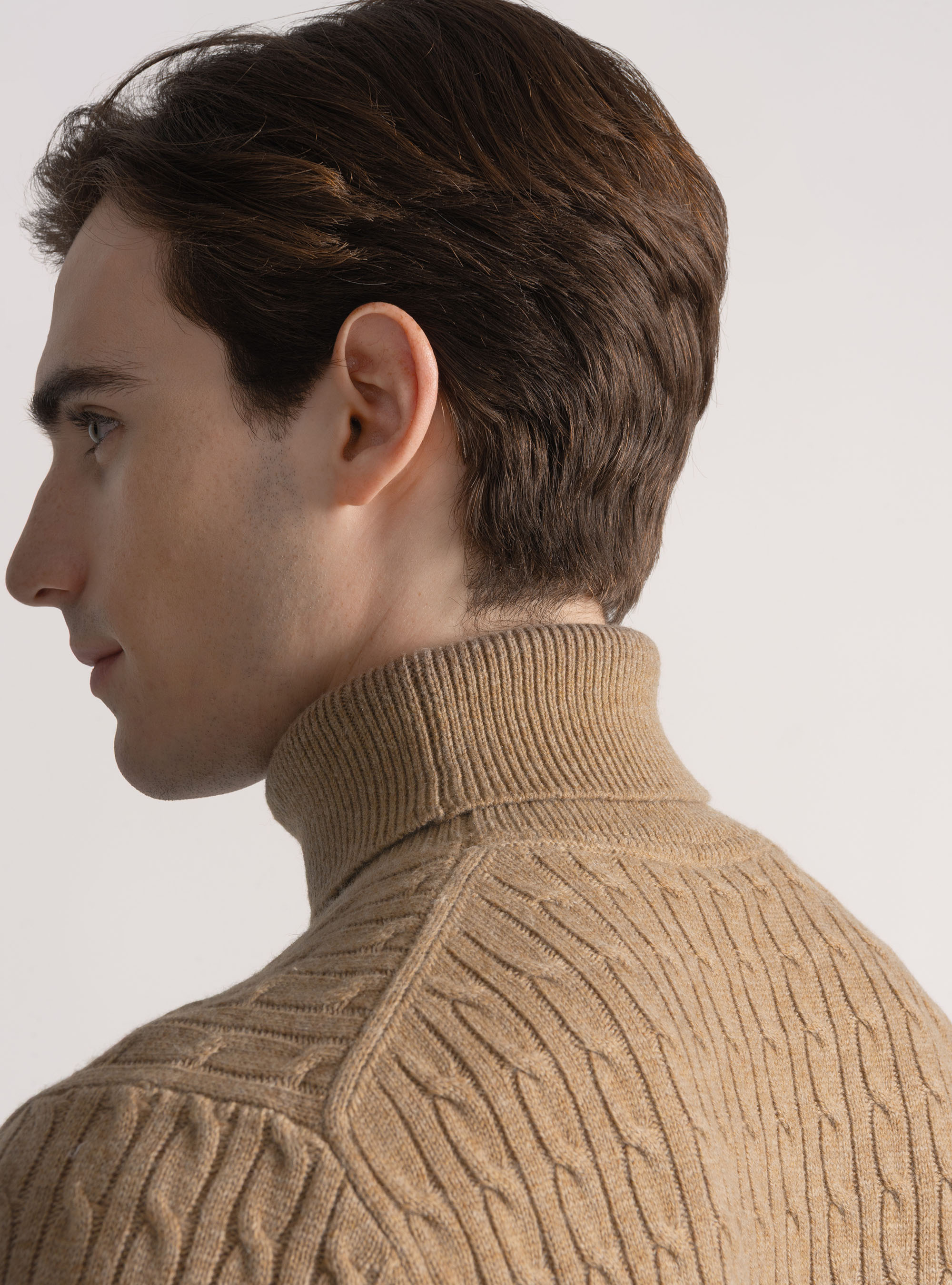 Maglia collo alto con treccia in misto lana, CAMMELLO 0570C